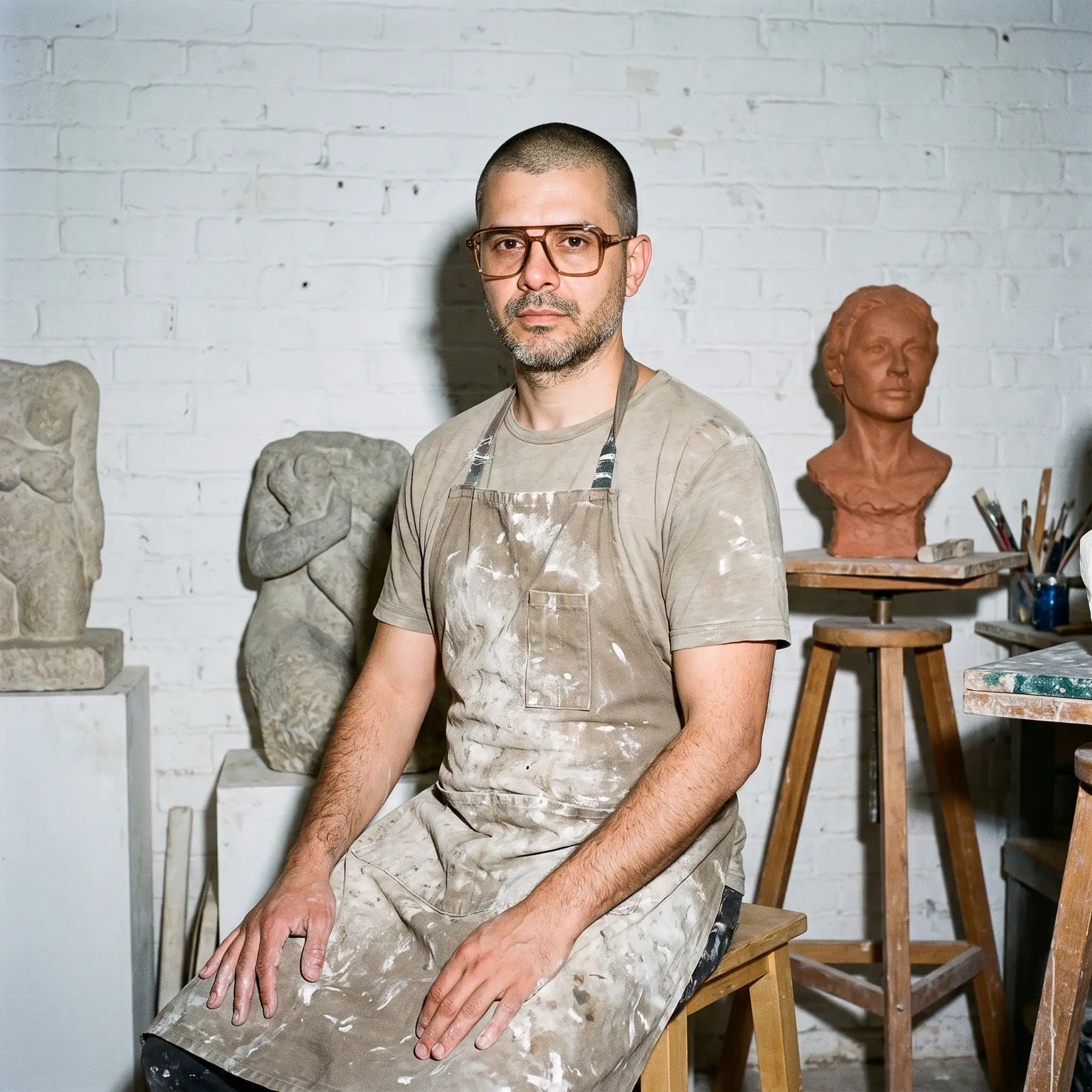 Fiore 1014 eyeglasses in brown, worn by a model – campaign portrait, sculptor portrait among clay busts in a workshop
