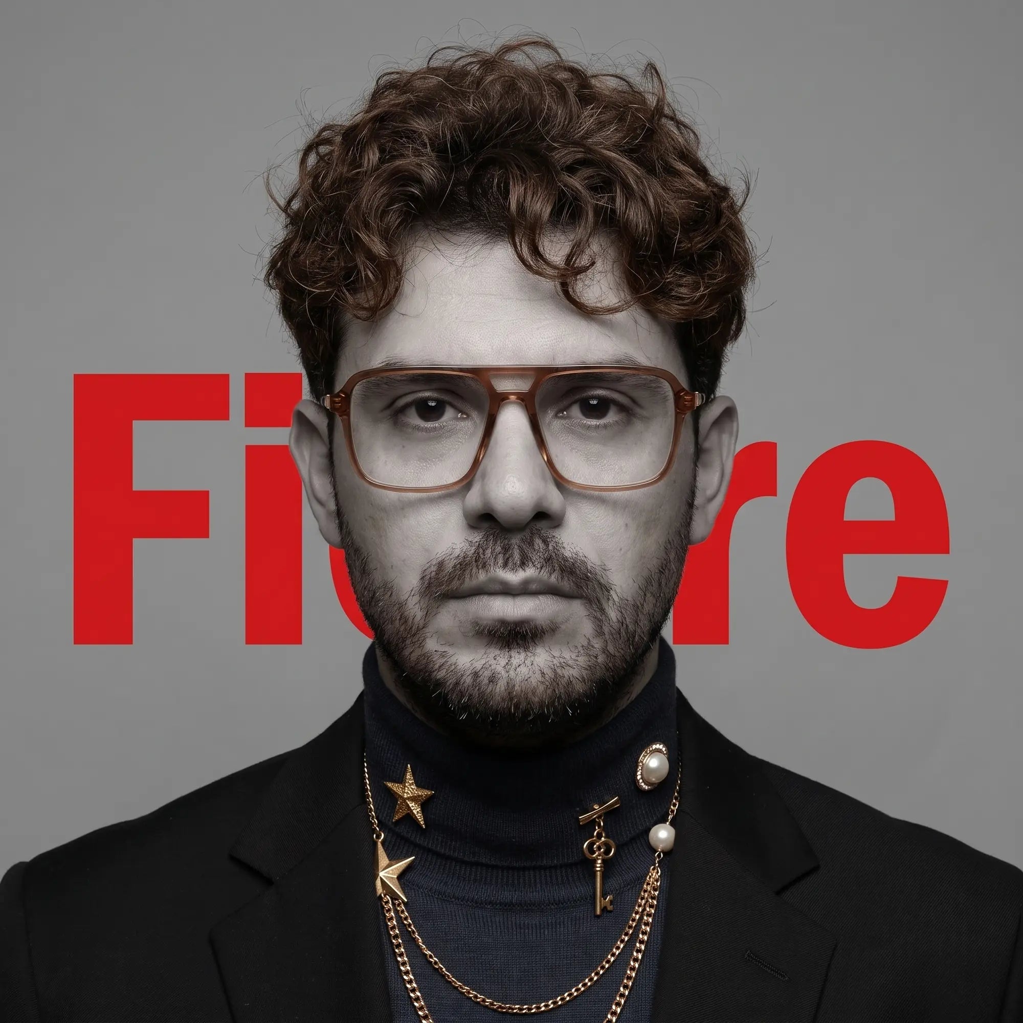 Fiore 1014 eyeglasses in brown, worn by a model – campaign portrait, graphic studio portrait with bold red shapes