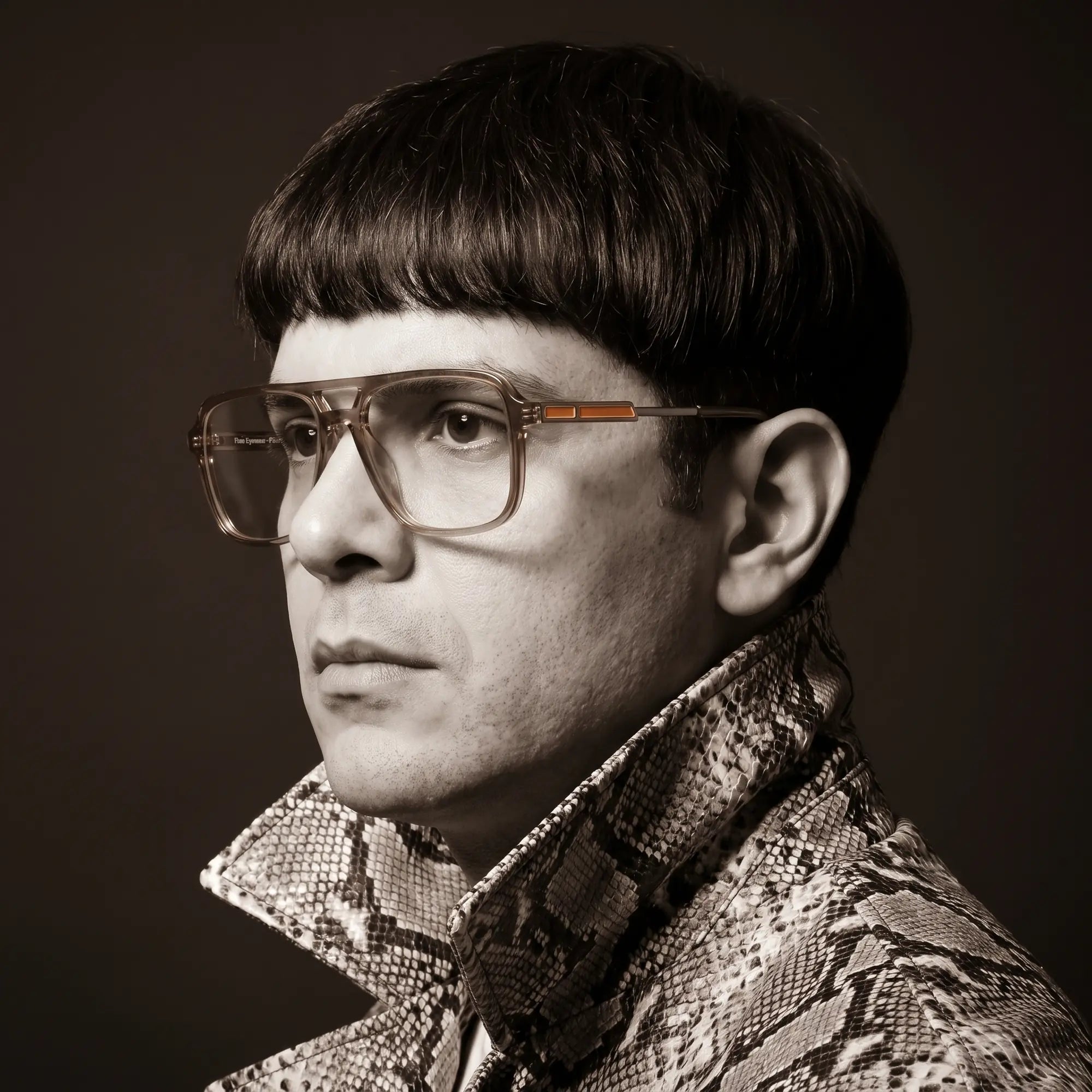 Fiore 1014 eyeglasses in brown, worn by a model – campaign portrait, monochrome studio portrait, red graphic accents