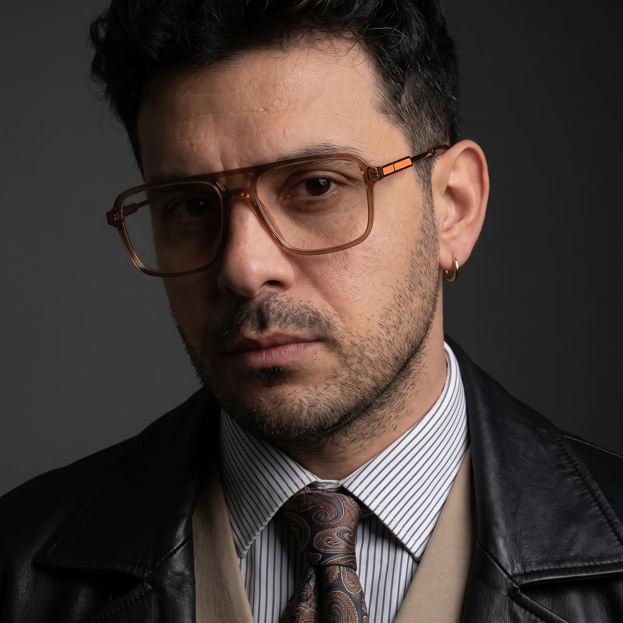 Fiore 1014 eyeglasses in brown, worn by a model – campaign portrait, minimal studio portrait in soft daylight