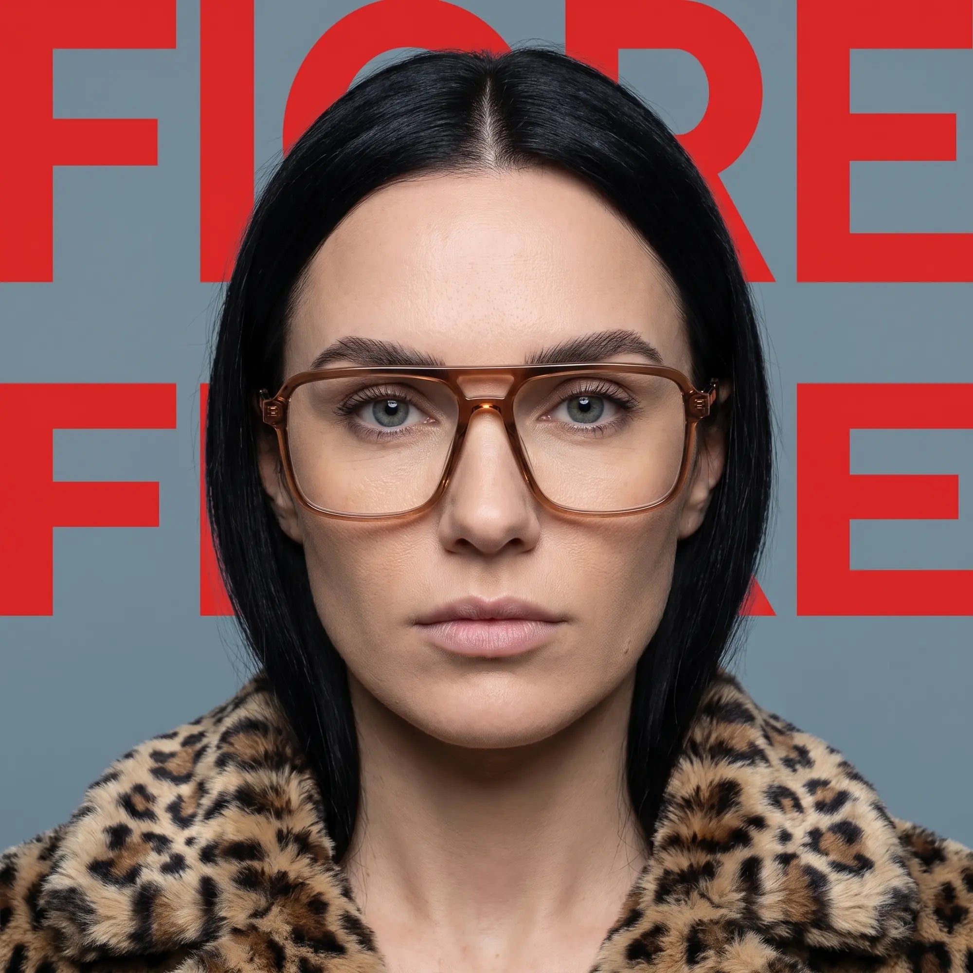 Fiore 1014 eyeglasses in brown, worn by a model – campaign portrait, studio portrait with sculptural styling