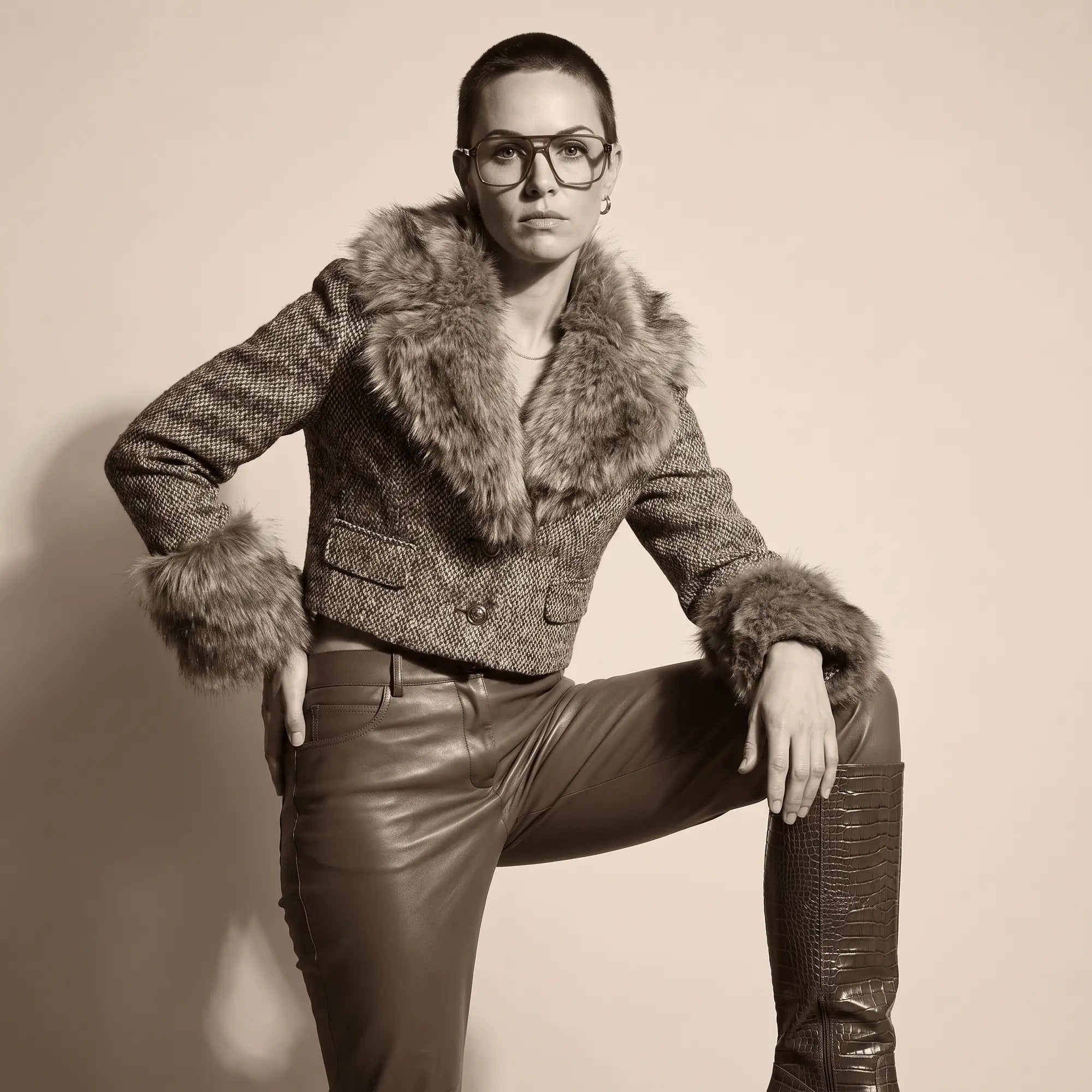 Fiore 1014 eyeglasses in brown, worn by a model – campaign portrait, full-length studio portrait in tweed and leather