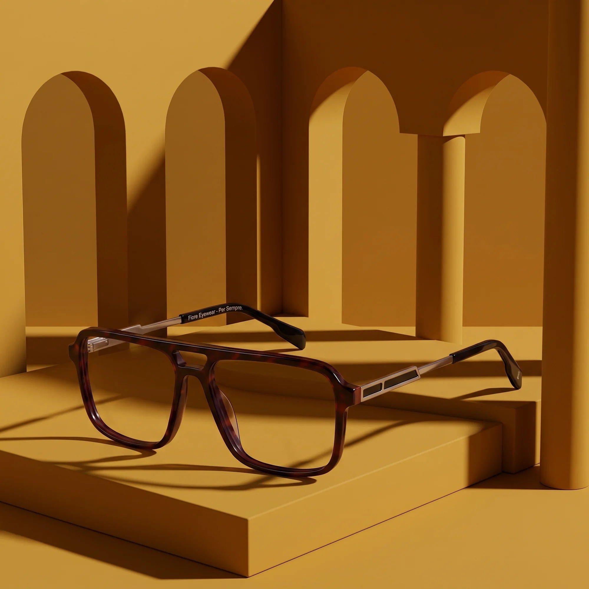 Fiore 1014 eyeglasses in tortoiseshell – still life among monochrome mustard ochre arches