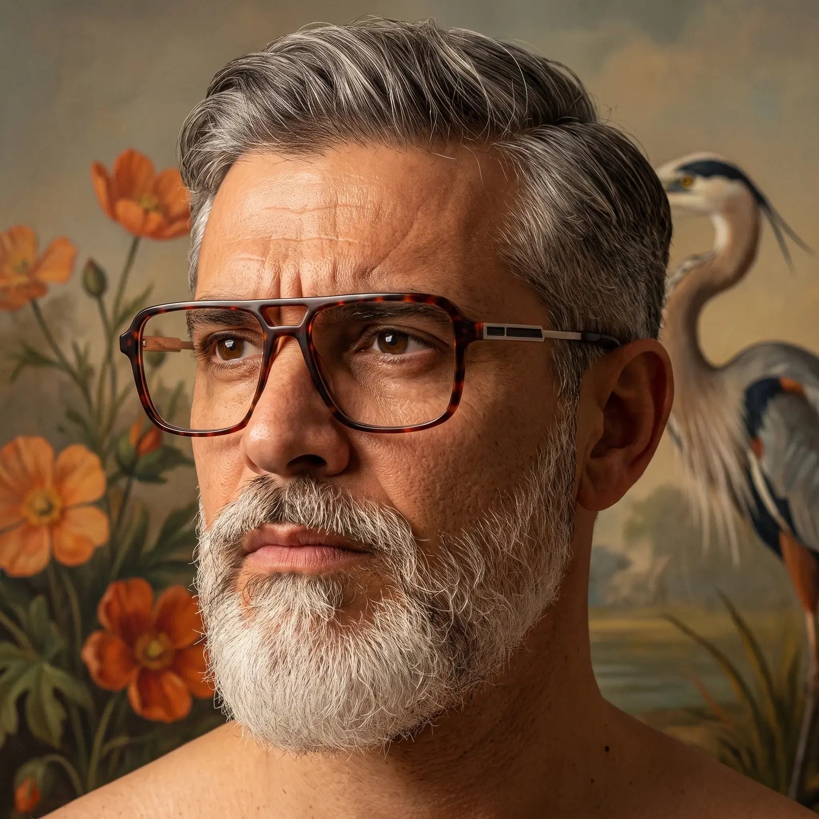 Fiore 1014 eyeglasses in tortoiseshell, worn by a model – silver-bearded portrait against a botanical mural