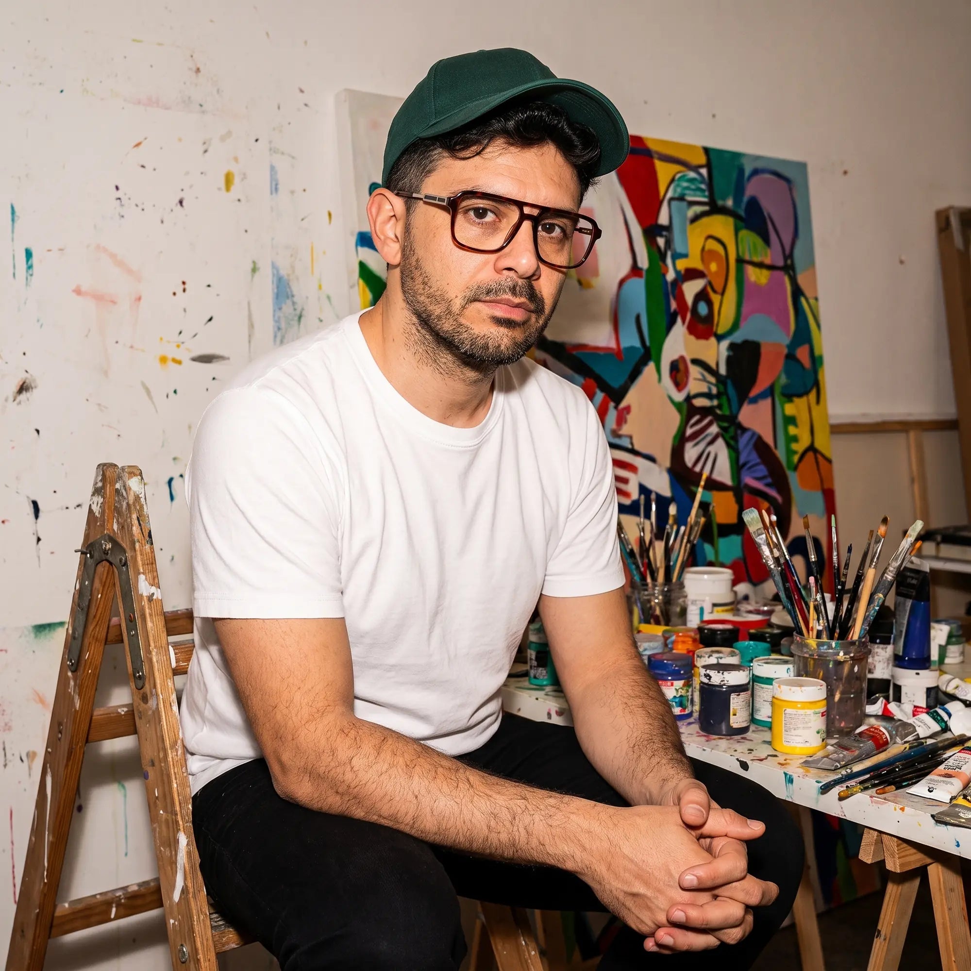 Fiore 1014 eyeglasses in tortoiseshell, worn by a model – campaign portrait, painter portrait in a paint-splattered studio