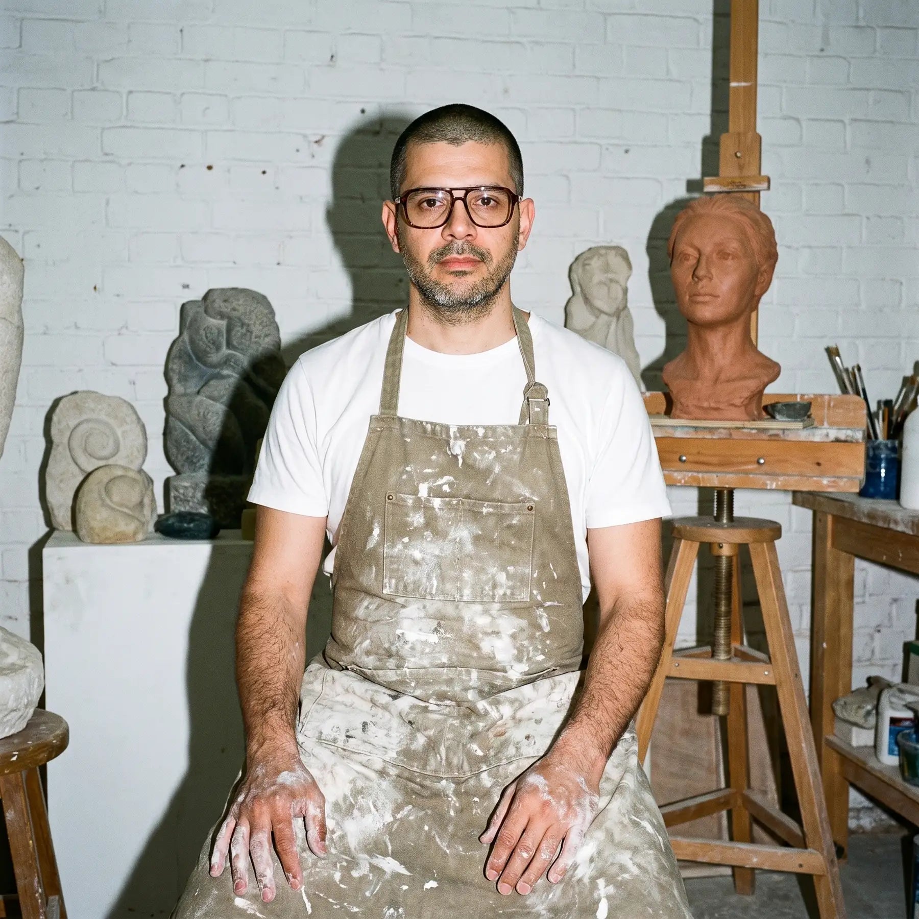 Fiore 1014 eyeglasses in tortoiseshell, worn by a model – campaign portrait, sculptor portrait among clay busts in a workshop