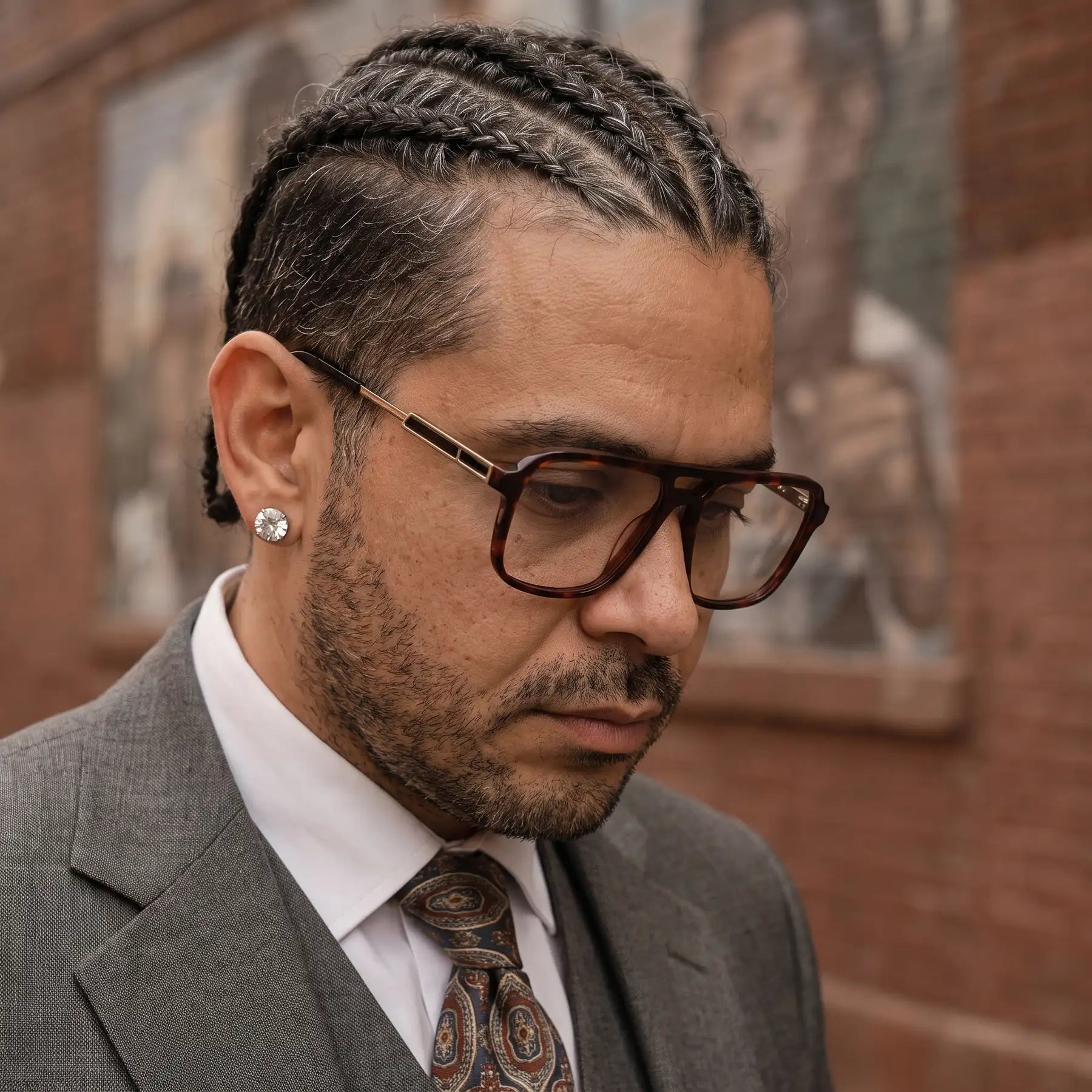 Fiore 1014 eyeglasses in tortoiseshell, worn by a model – campaign portrait, pensive portrait against a painted brick mural