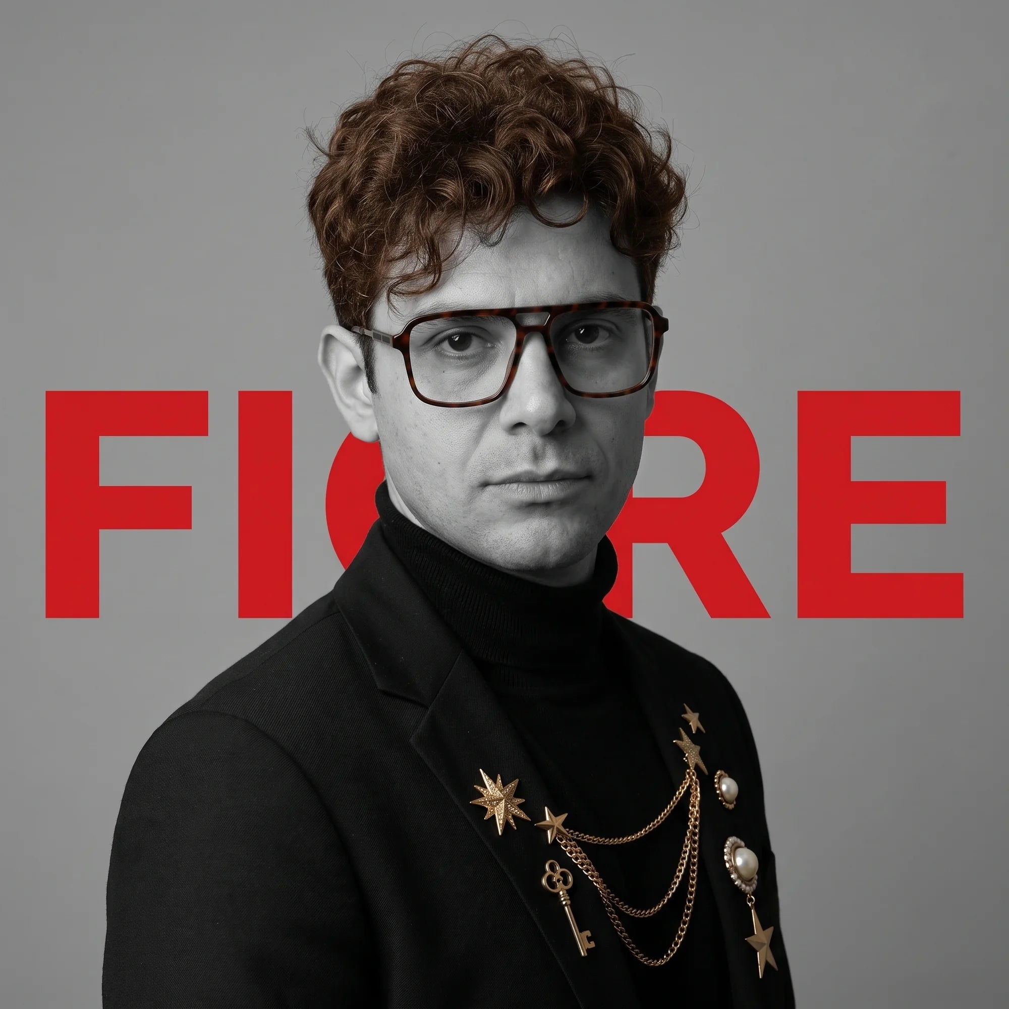 Fiore 1014 eyeglasses in tortoiseshell, worn by a model – campaign portrait, graphic studio portrait with bold red shapes