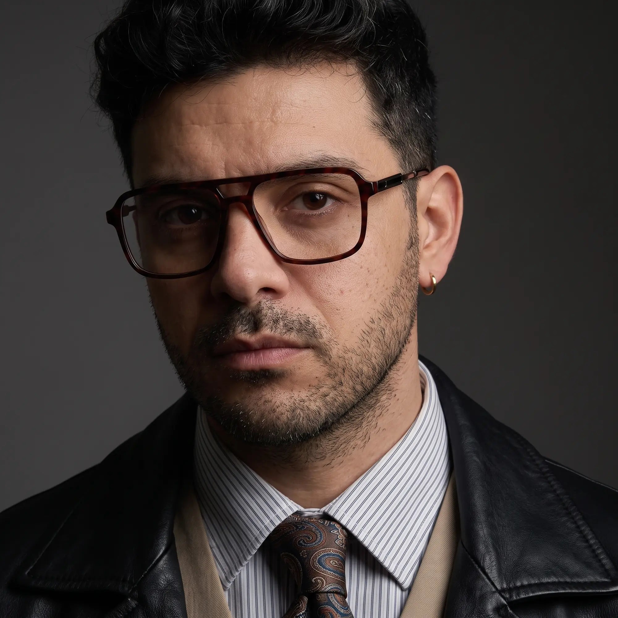 Fiore 1014 eyeglasses in tortoiseshell, worn by a model – campaign portrait, minimal studio portrait in soft daylight