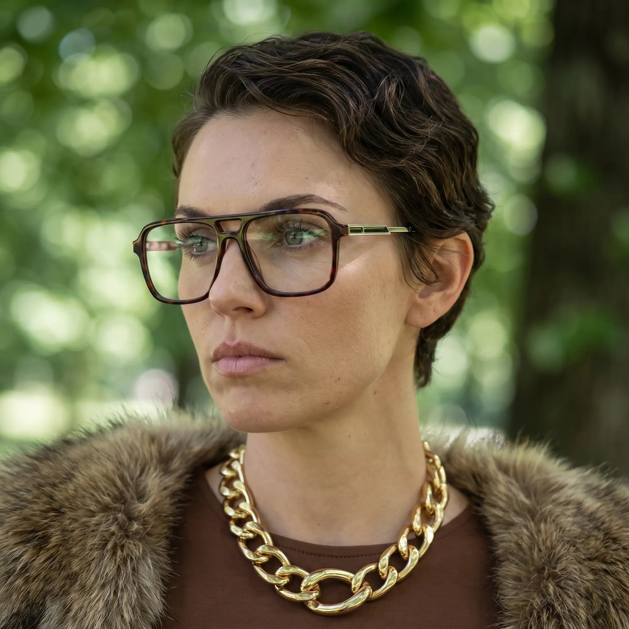 Fiore 1014 eyeglasses in tortoiseshell, worn by a model – campaign portrait, fur-collar portrait in dappled daylight