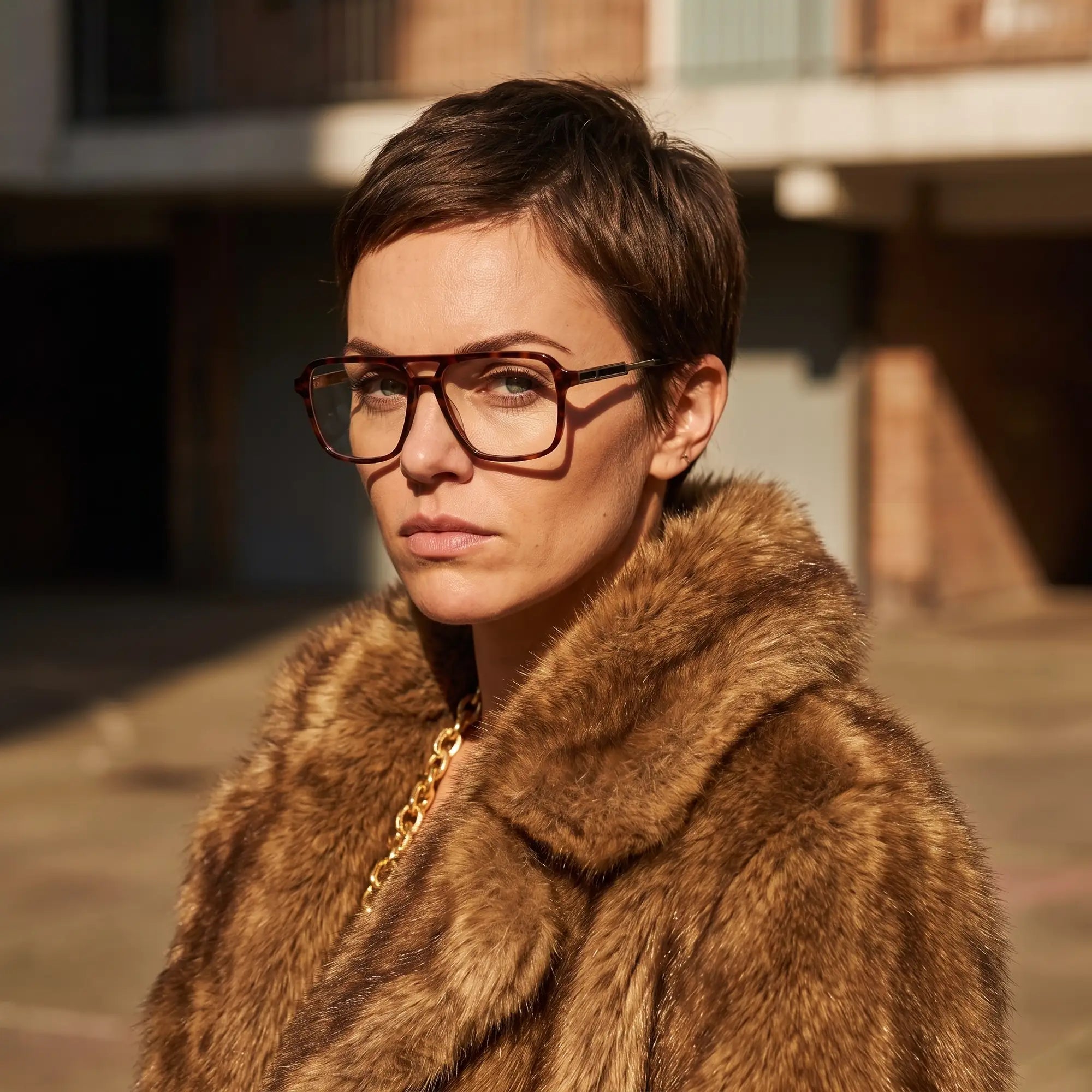 Fiore 1014 eyeglasses in tortoiseshell, worn by a model – campaign portrait, street portrait rooted in city heritage
