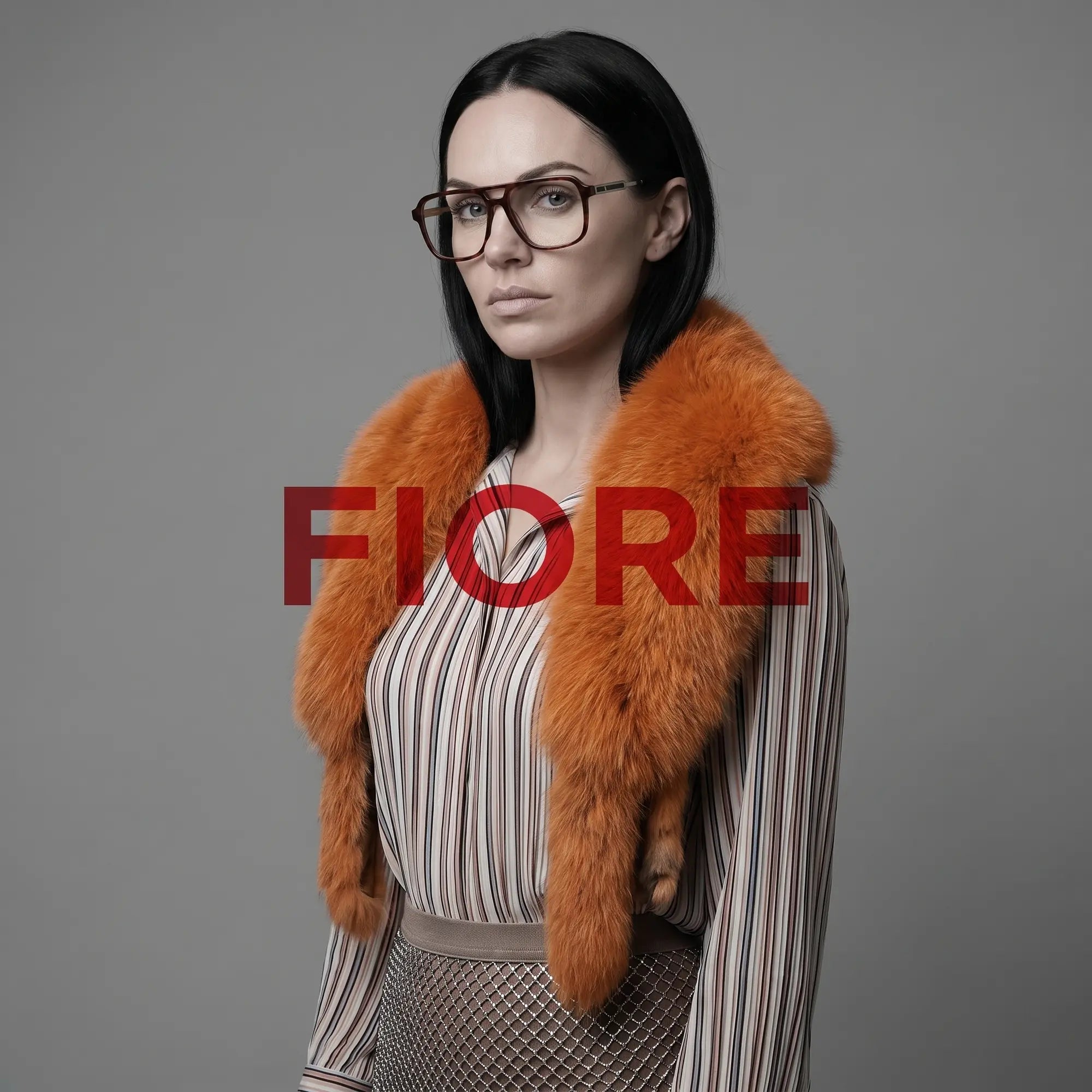 Fiore 1014 eyeglasses in tortoiseshell, worn by a model – campaign portrait, bold studio pose in vintage tweed