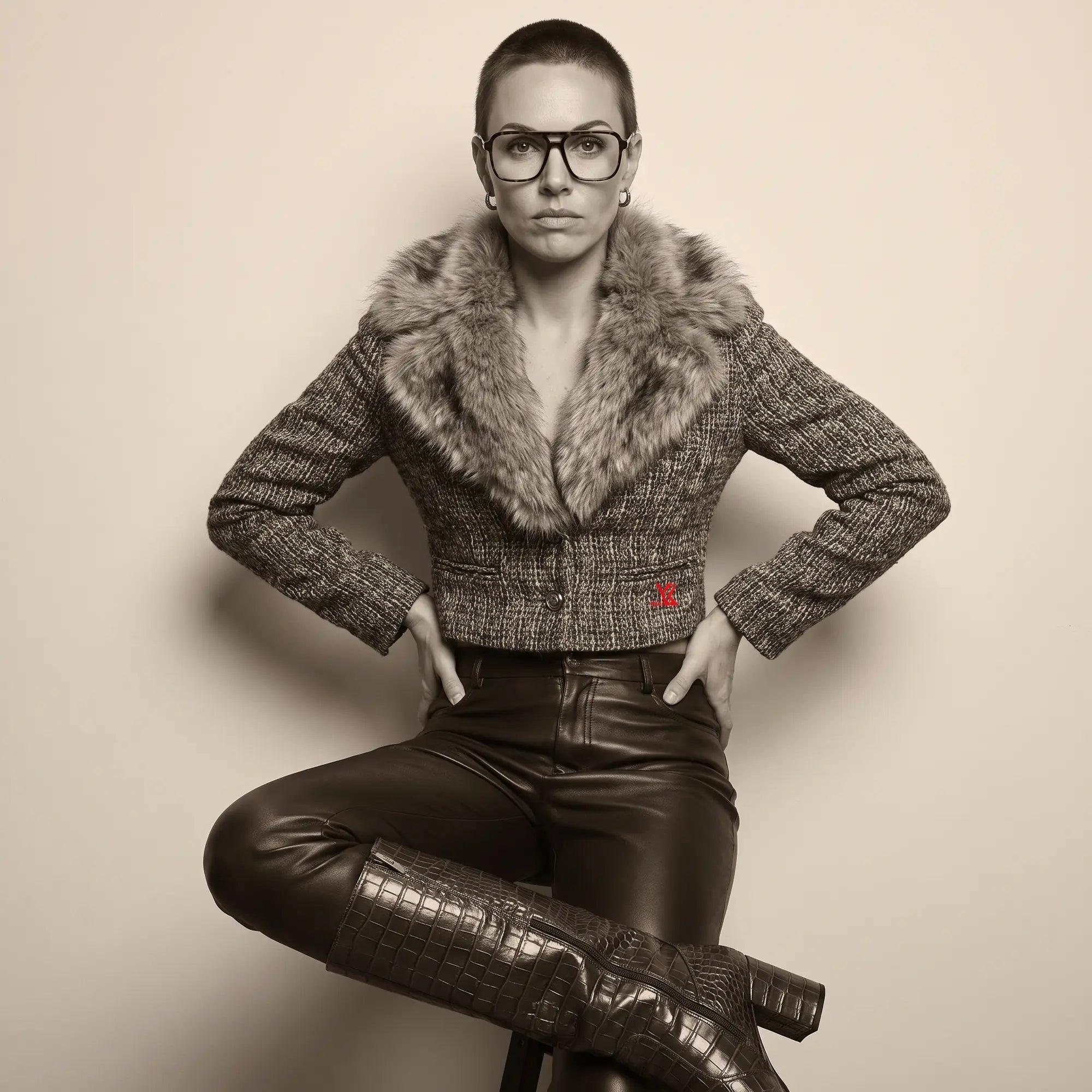 Fiore 1014 eyeglasses in tortoiseshell, worn by a model – campaign portrait, full-length studio portrait in tweed and leather