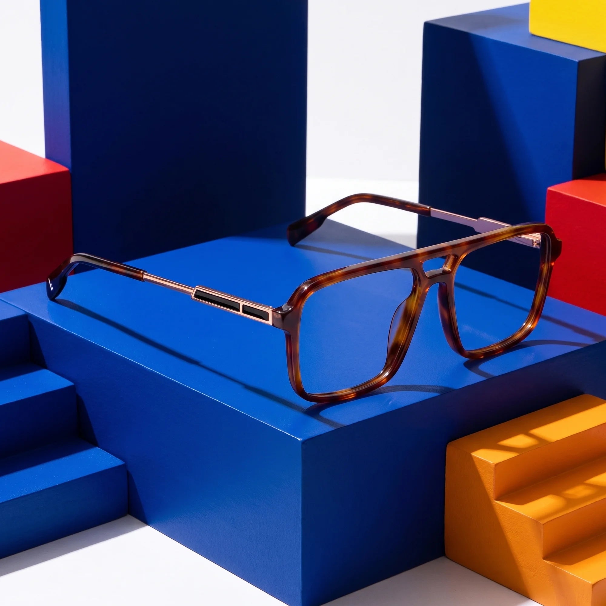 Fiore 1014 eyeglasses in brown tortoiseshell – on bold primary color-block steps