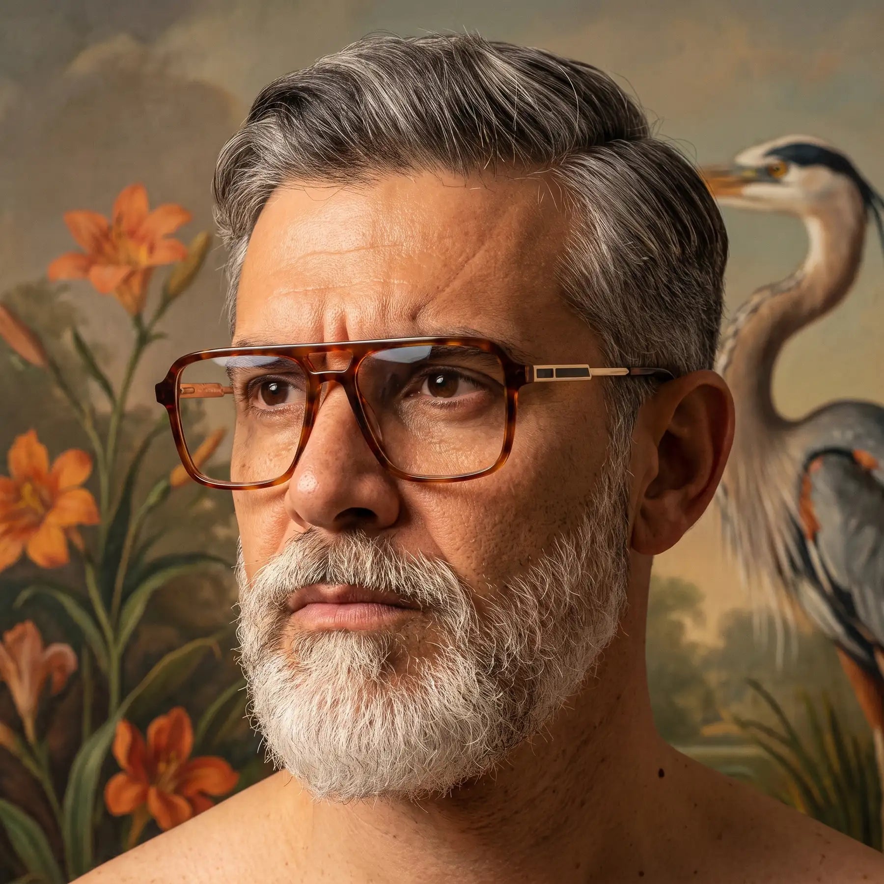 Fiore 1014 eyeglasses in brown tortoiseshell, worn by a model – silver-bearded portrait against a botanical mural