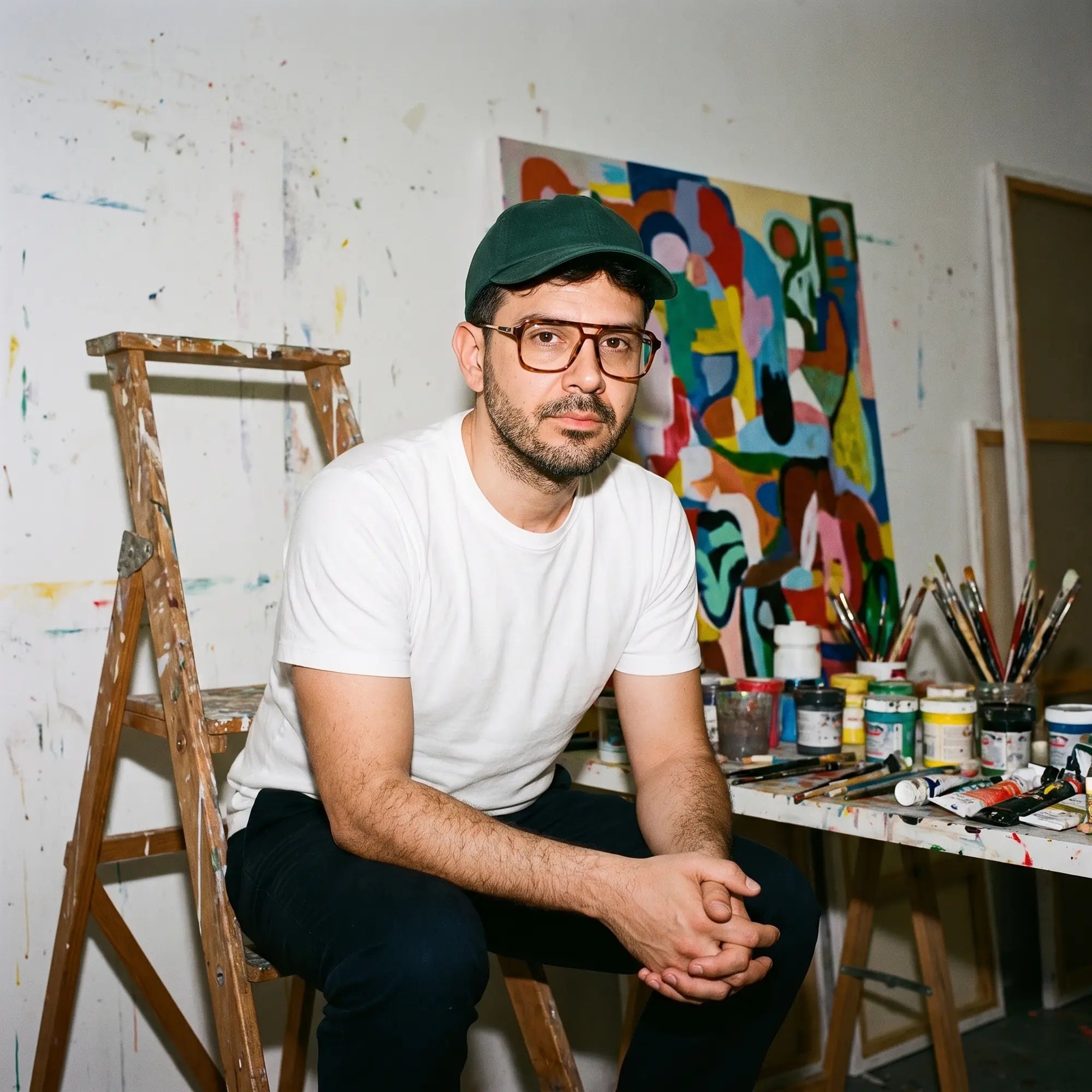 Fiore 1014 eyeglasses in brown tortoiseshell, worn by a model – painter portrait in a paint-splattered studio