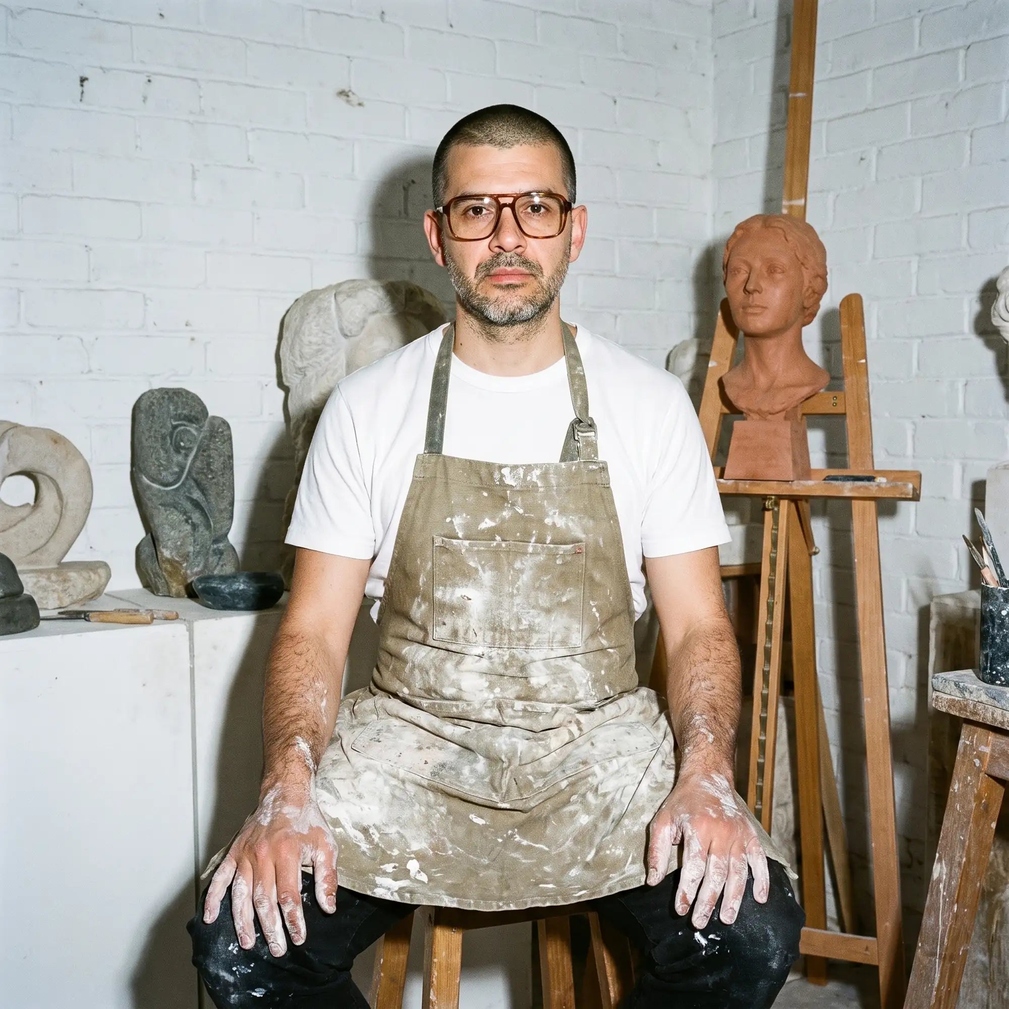 Fiore 1014 eyeglasses in brown tortoiseshell, worn by a model – sculptor portrait among clay busts in a workshop