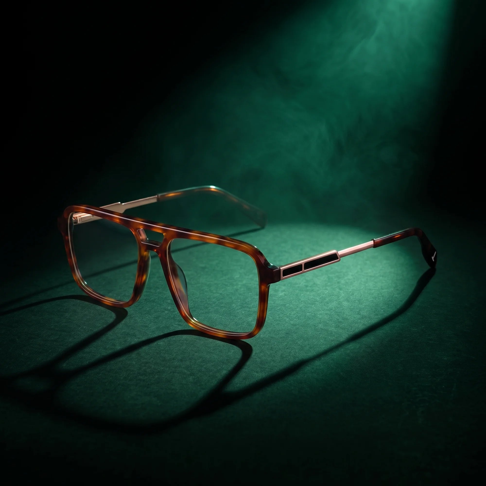 Fiore 1014 eyeglasses in brown tortoiseshell – under a theatrical beam of light