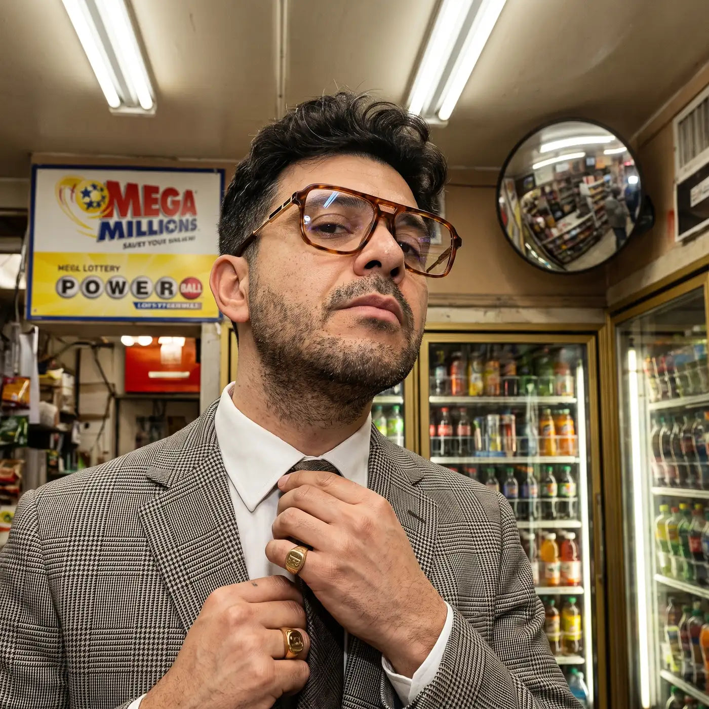 Fiore 1014 eyeglasses in brown tortoiseshell, worn by a model – campaign portrait, city heritage portrait on a mural wall