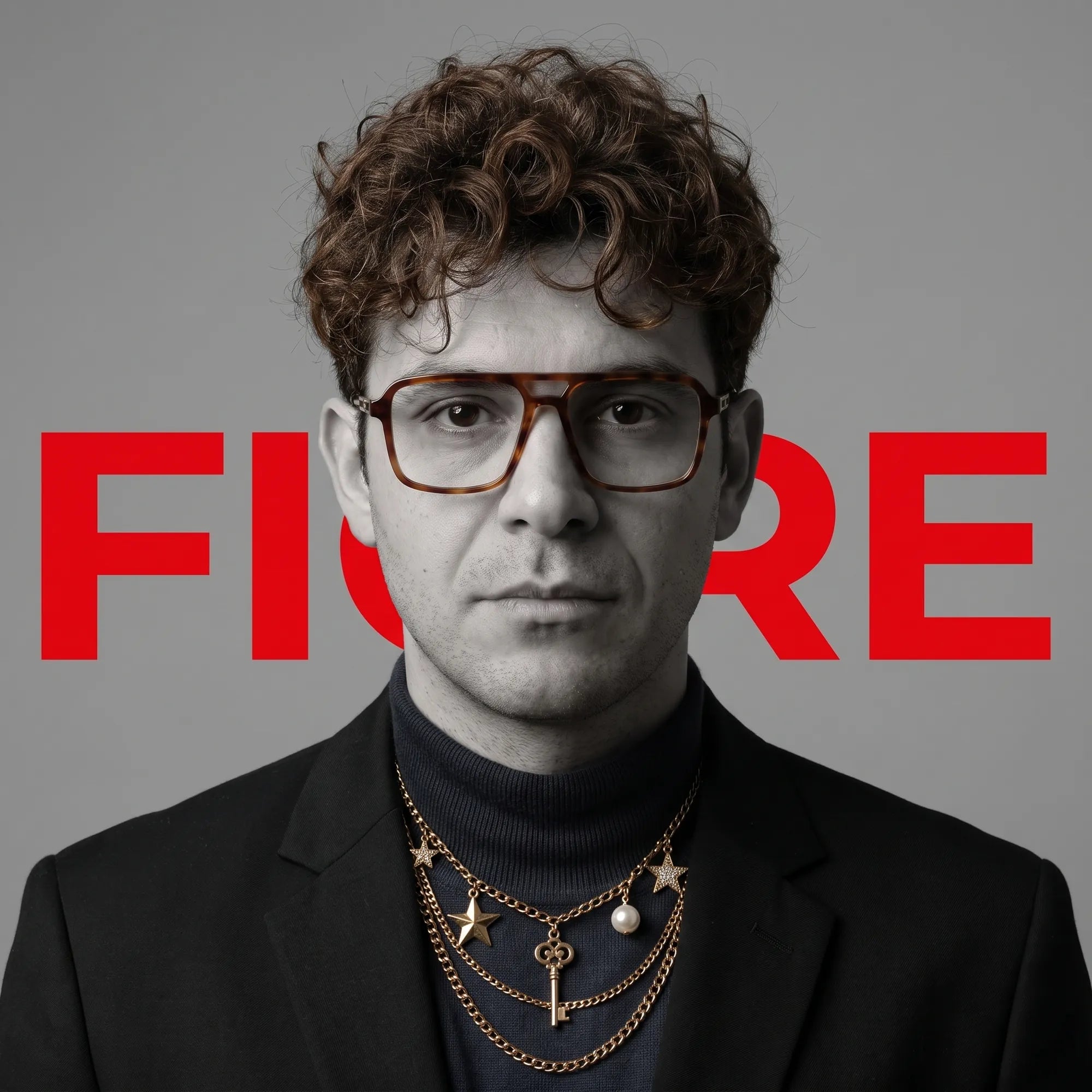 Fiore 1014 eyeglasses in brown tortoiseshell, worn by a model – graphic studio portrait with bold red shapes