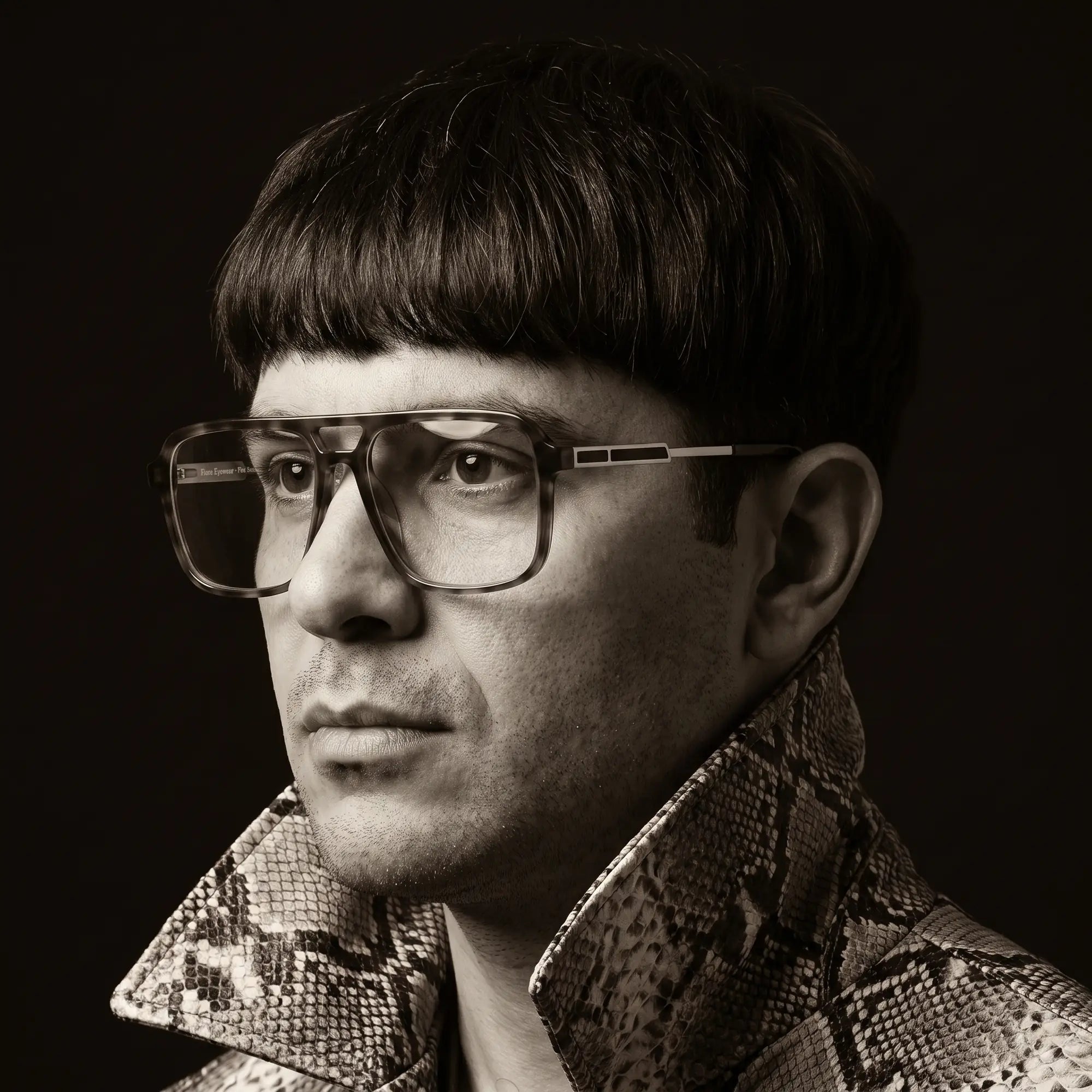 Fiore 1014 eyeglasses in brown tortoiseshell, worn by a model – monochrome studio portrait, red graphic accents