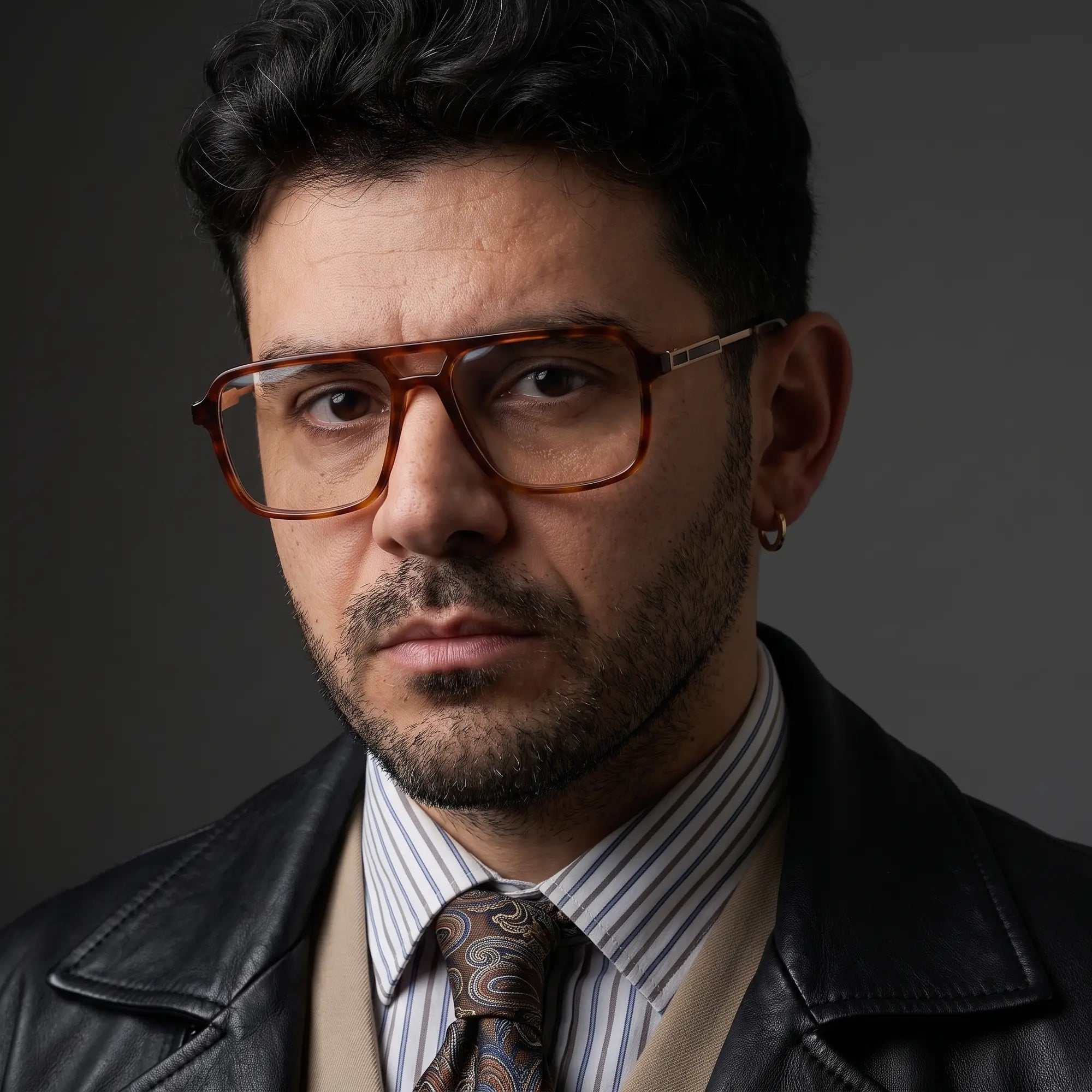 Fiore 1014 eyeglasses in brown tortoiseshell, worn by a model – campaign portrait, minimal studio portrait in soft daylight