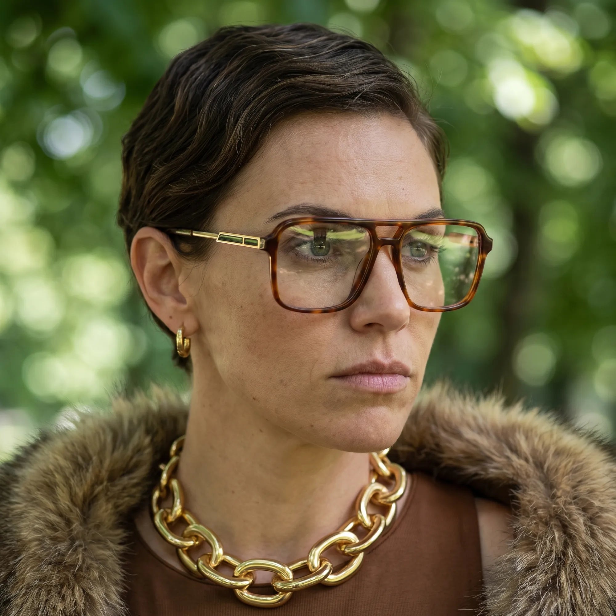 Fiore 1014 eyeglasses in brown tortoiseshell, worn by a model – campaign portrait, fur-collar portrait in dappled daylight