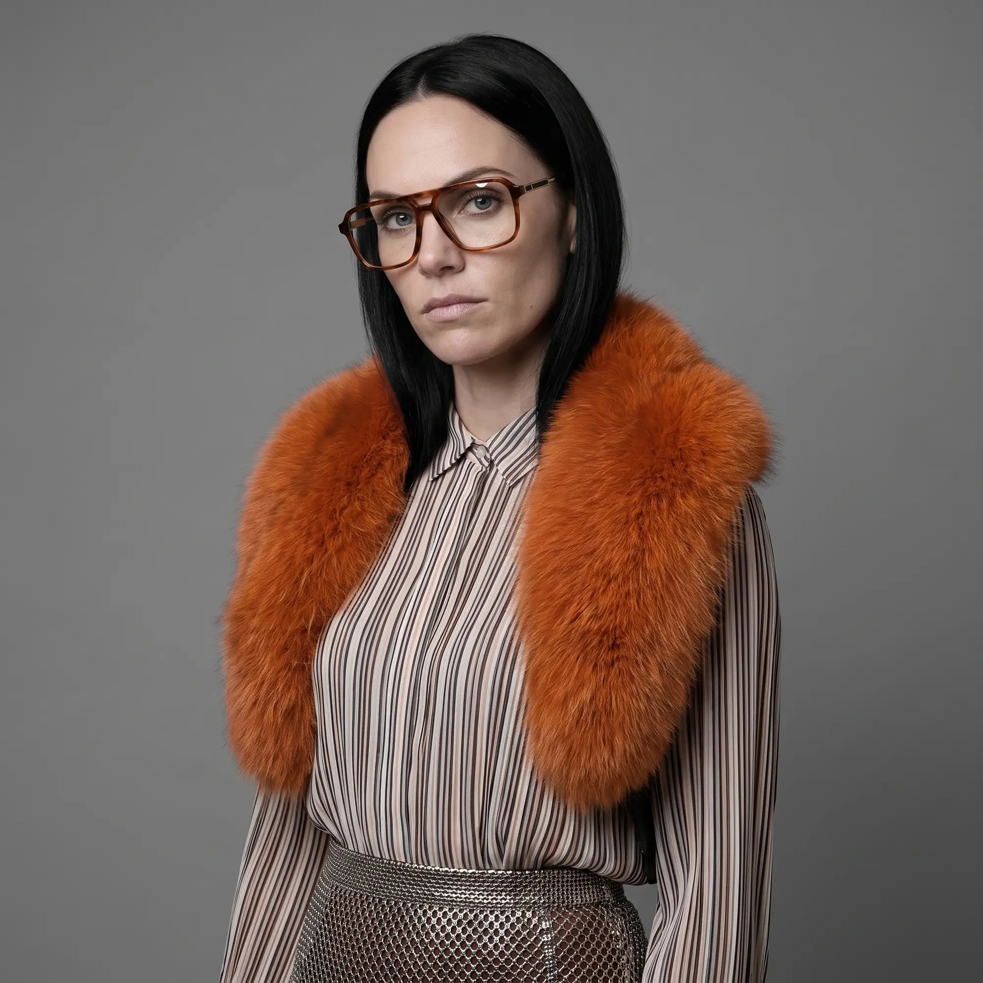 Fiore 1014 eyeglasses in brown tortoiseshell, worn by a model – campaign portrait, bold studio pose in vintage tweed