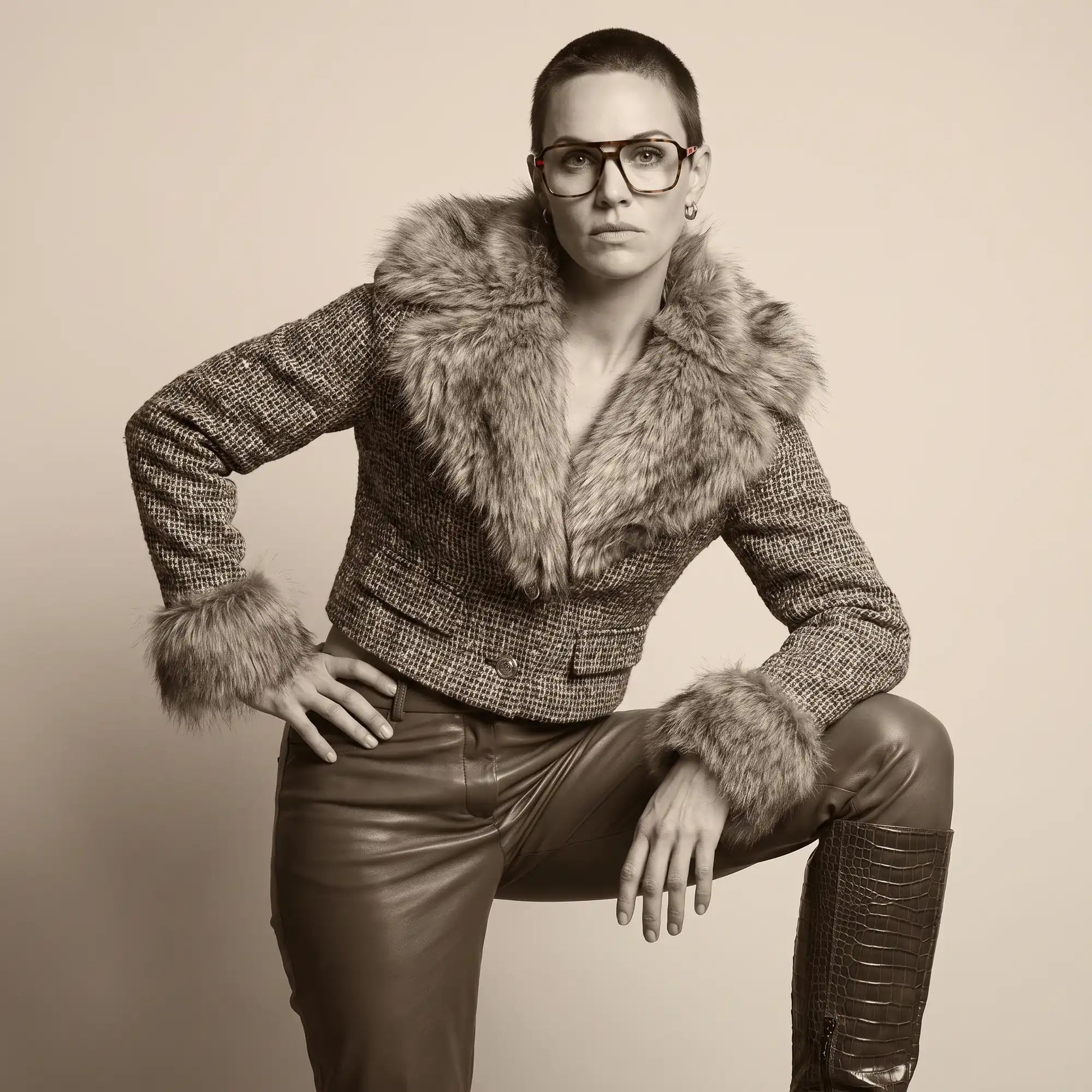 Fiore 1014 eyeglasses in brown tortoiseshell, worn by a model – full-length studio portrait in tweed and leather
