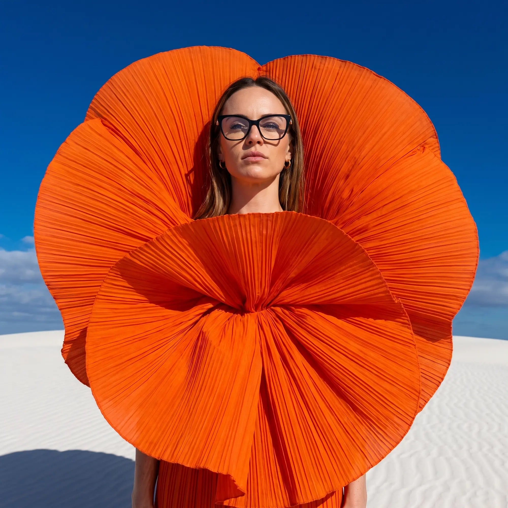 Fiore 10172 eyeglasses in black, worn by a model – campaign portrait, sculptural orange pleated fan on white dunes
