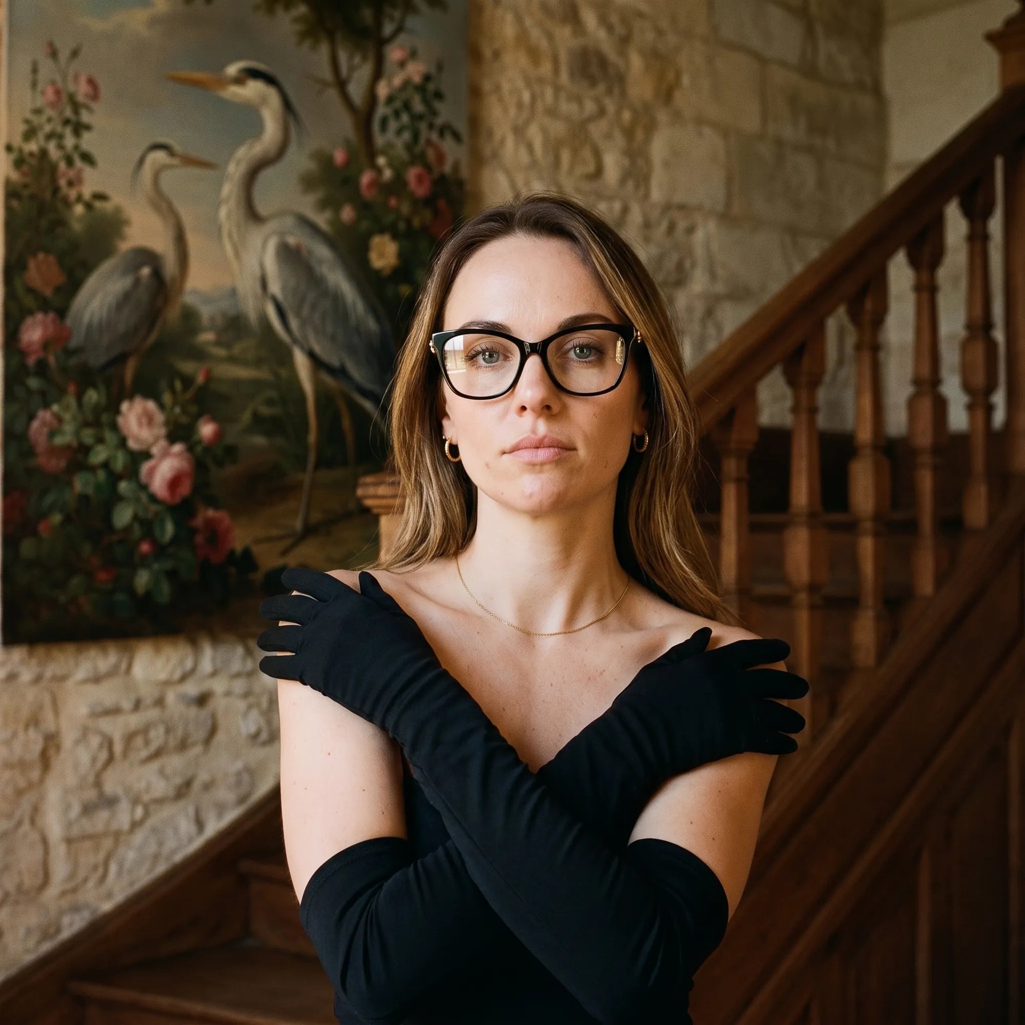 Fiore 10172 eyeglasses in black, worn by a model – campaign portrait, manor interior, heron painting and opera gloves