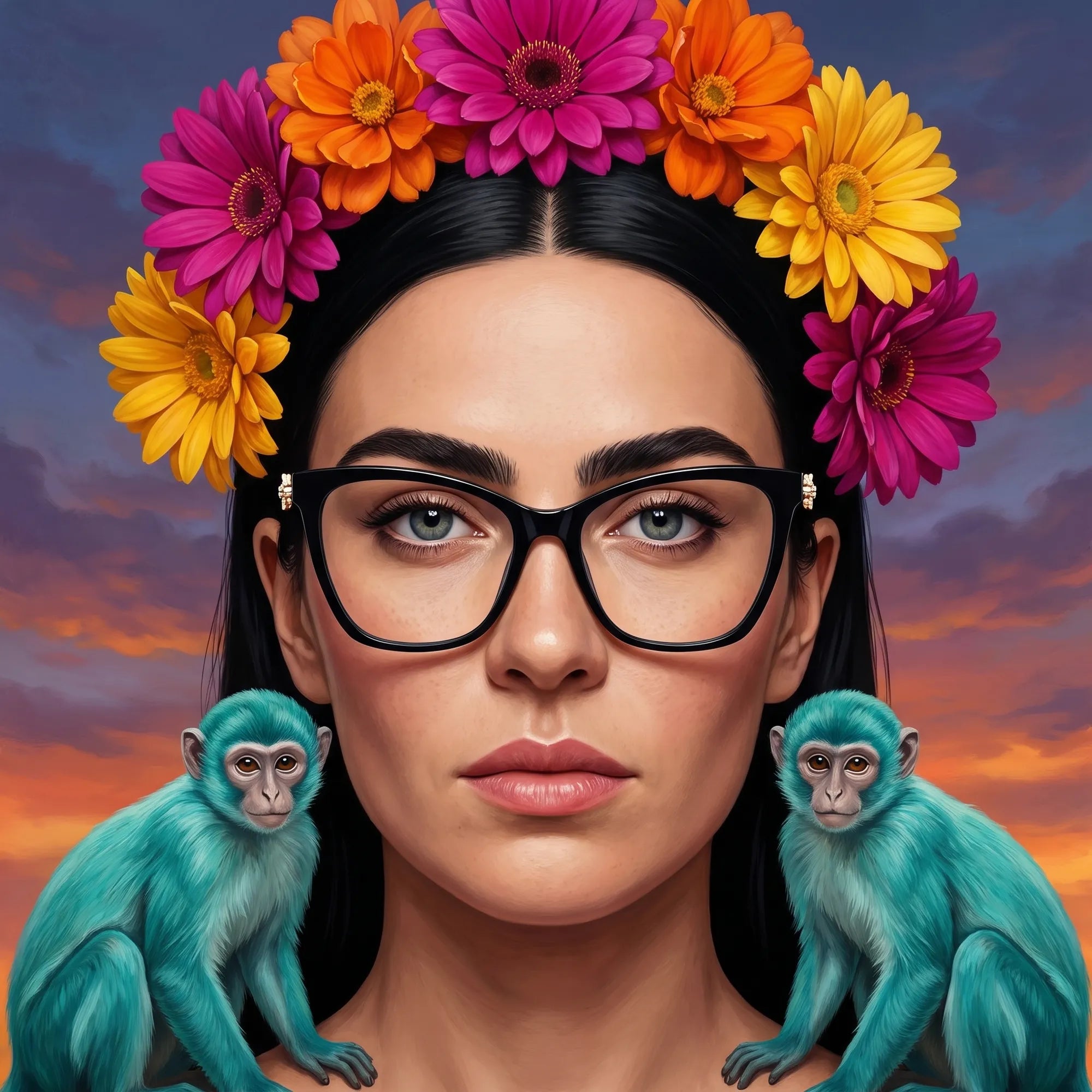 Fiore 10172 eyeglasses in black, worn by a model – campaign portrait, surreal painted portrait with flower crown