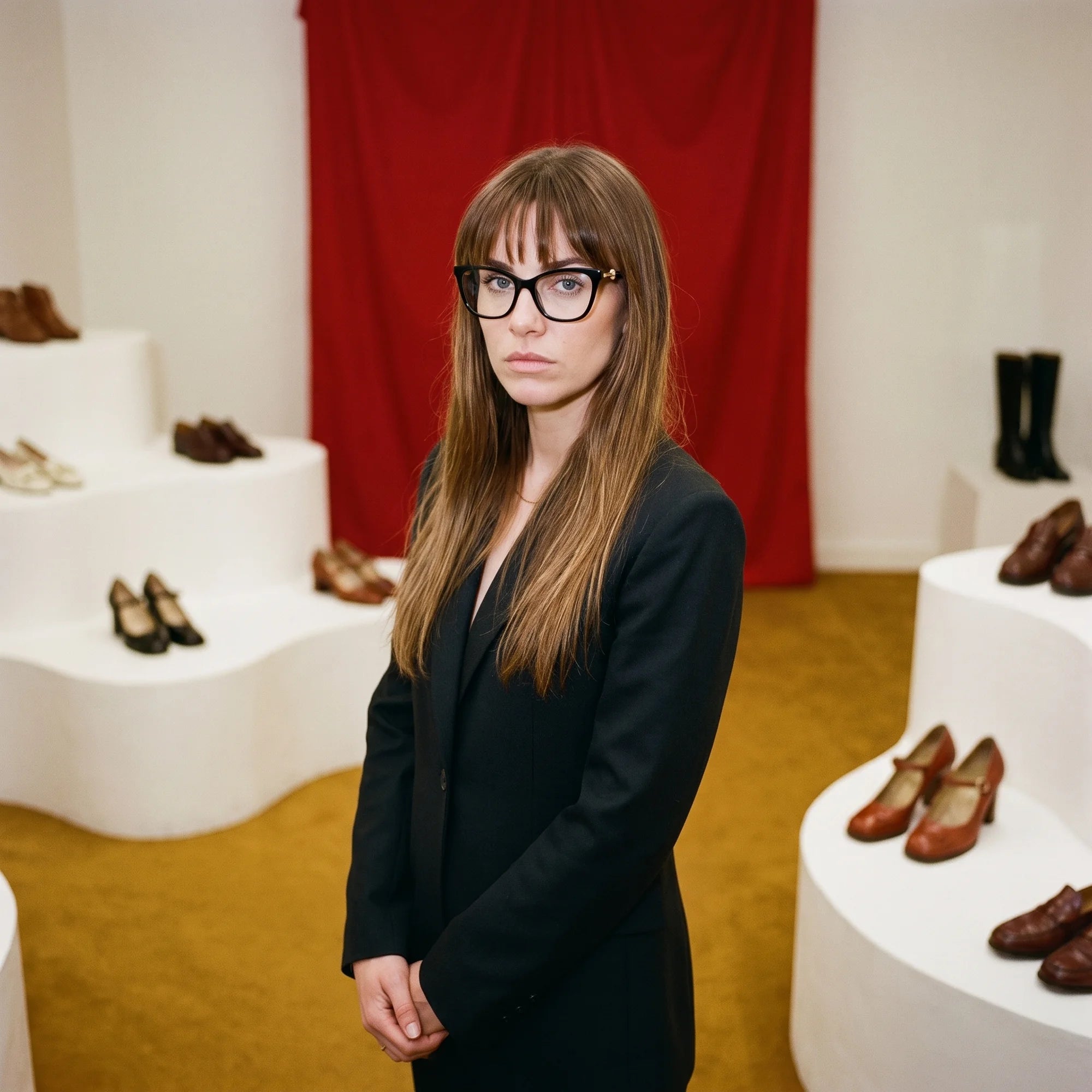 Fiore 10172 eyeglasses in black, worn by a model – campaign portrait, gallery scene with red curtain and plinths