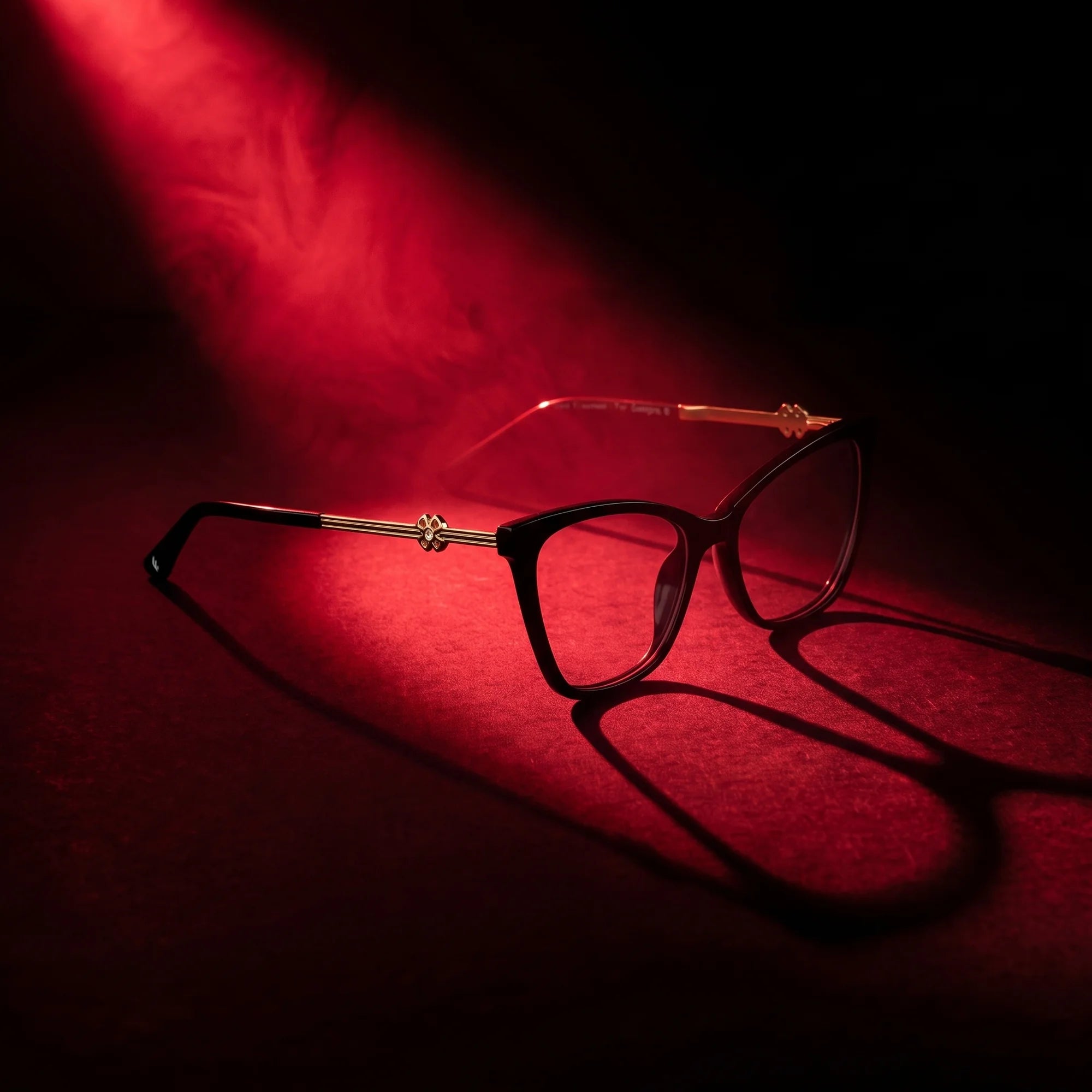 Fiore 10172 eyeglasses in black – under a theatrical beam of light