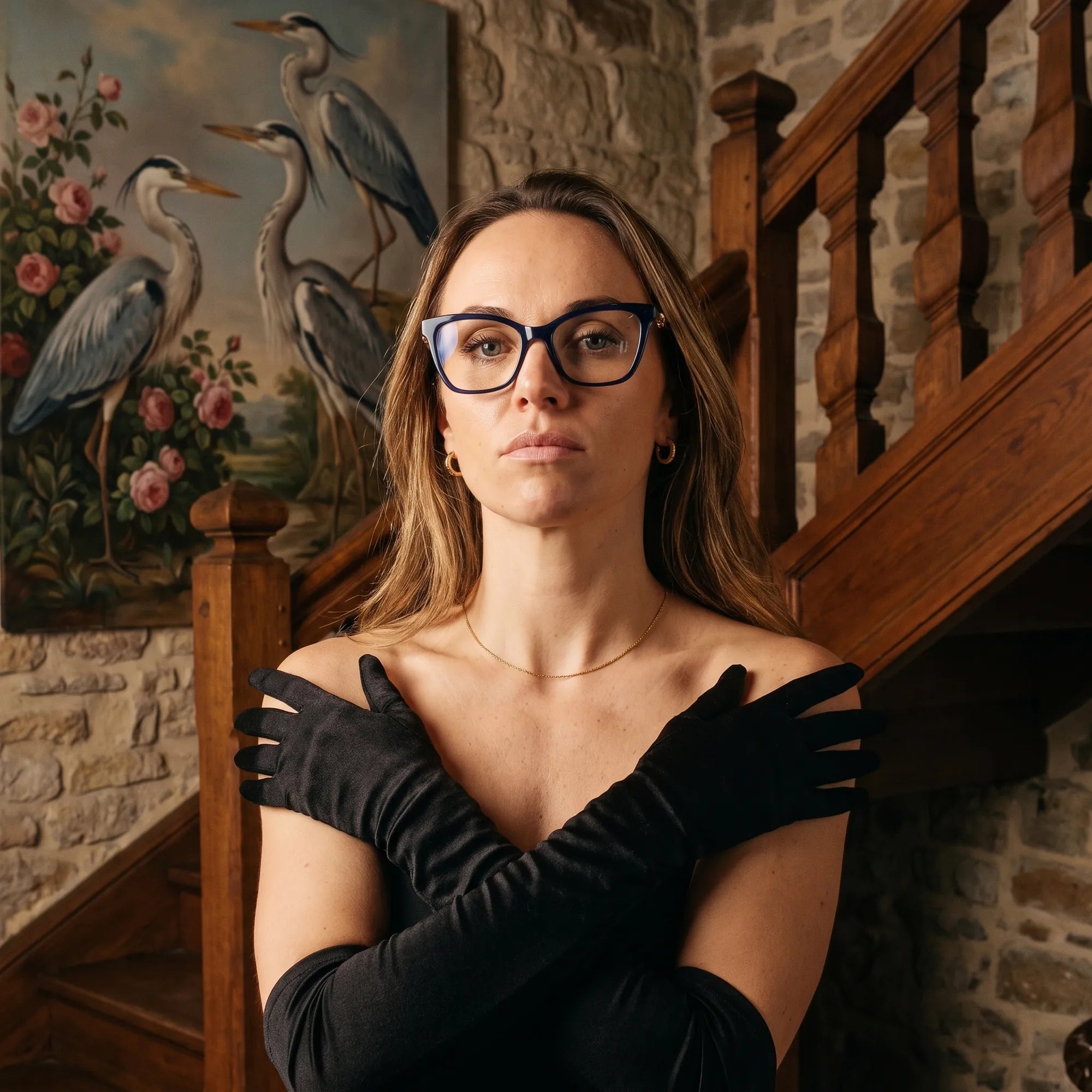 Fiore 10172 eyeglasses in blue, worn by a model – campaign portrait, manor interior, heron painting and opera gloves