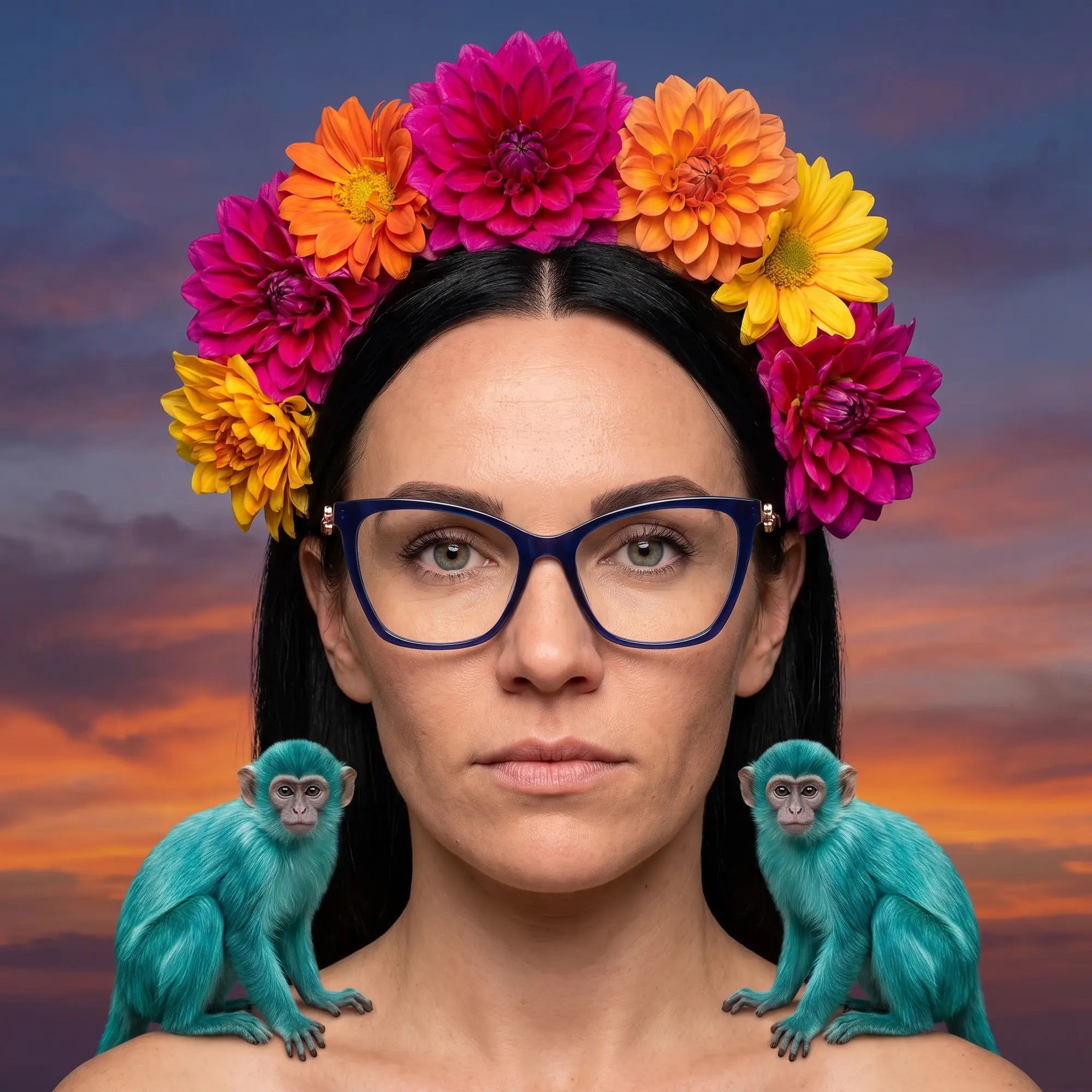 Fiore 10172 eyeglasses in blue, worn by a model – campaign portrait, surreal painted portrait with flower crown