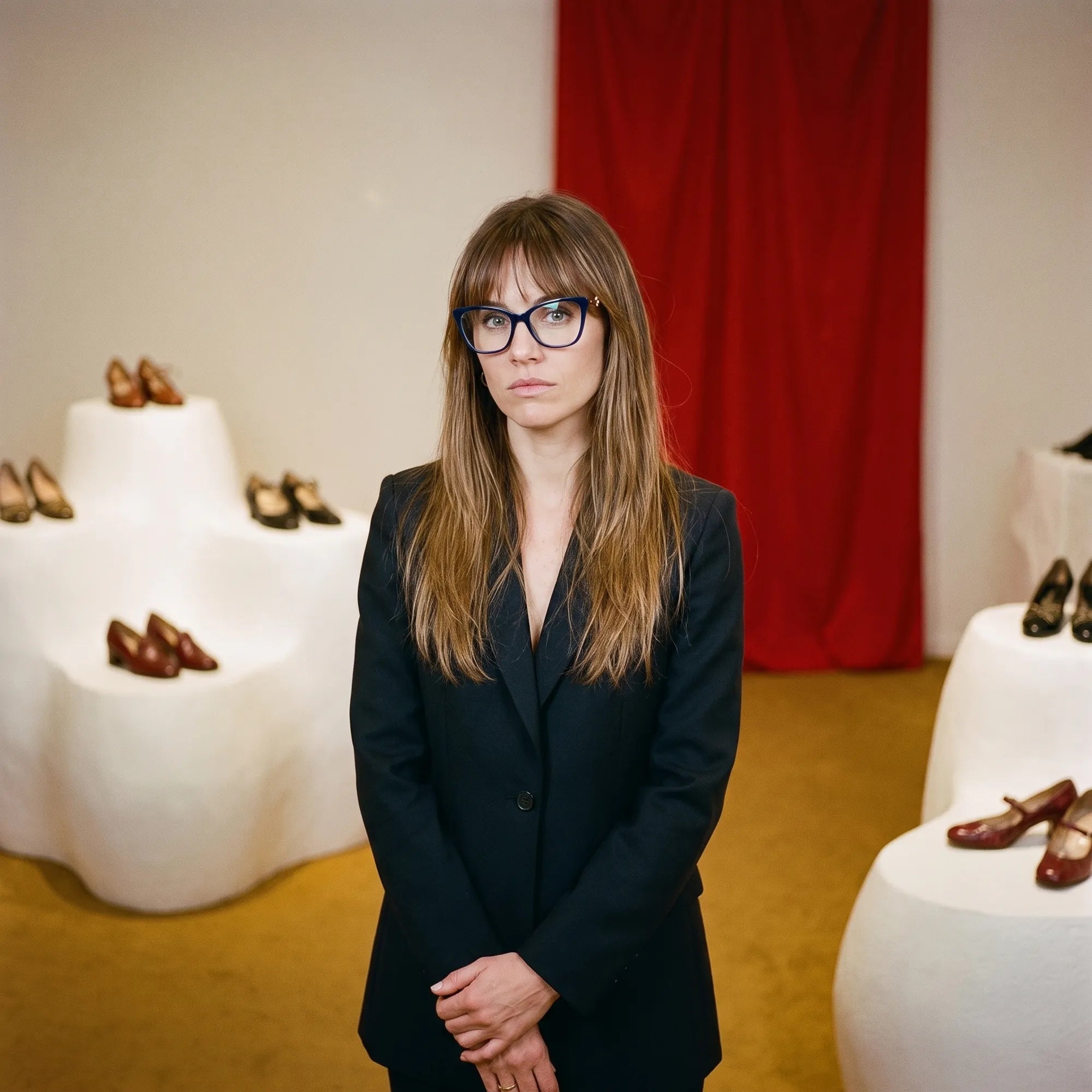 Fiore 10172 eyeglasses in blue, worn by a model – campaign portrait, gallery scene with red curtain and plinths