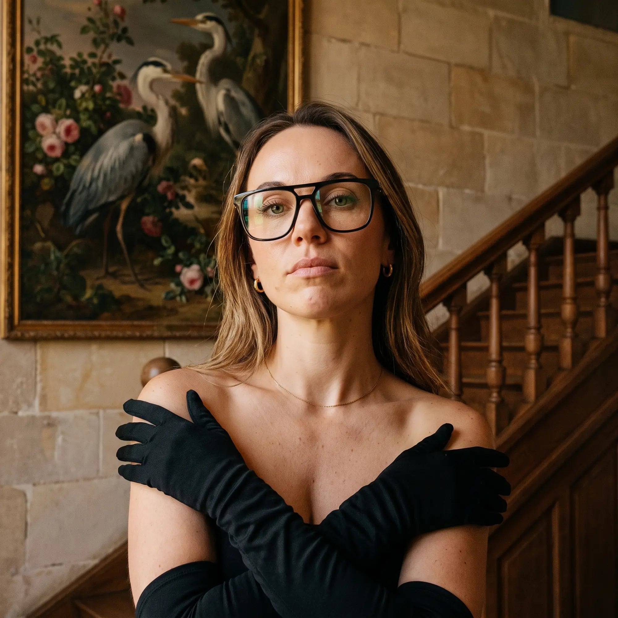 Fiore 10177 eyeglasses in black, worn by a model – campaign portrait, manor interior, heron painting and opera gloves