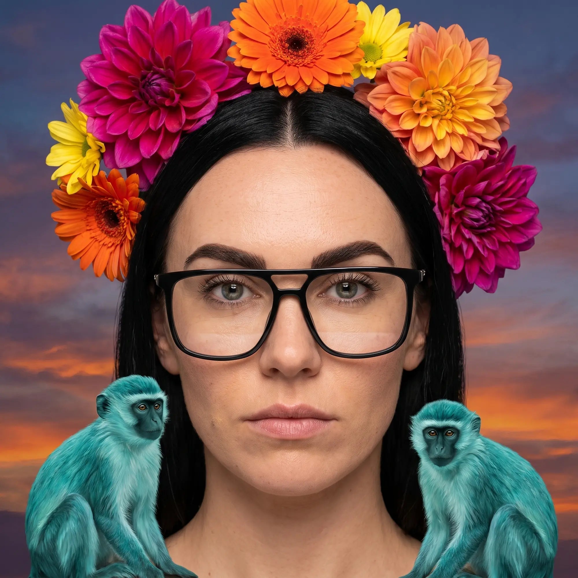 Fiore 10177 eyeglasses in black, worn by a model – campaign portrait, surreal painted portrait with flower crown