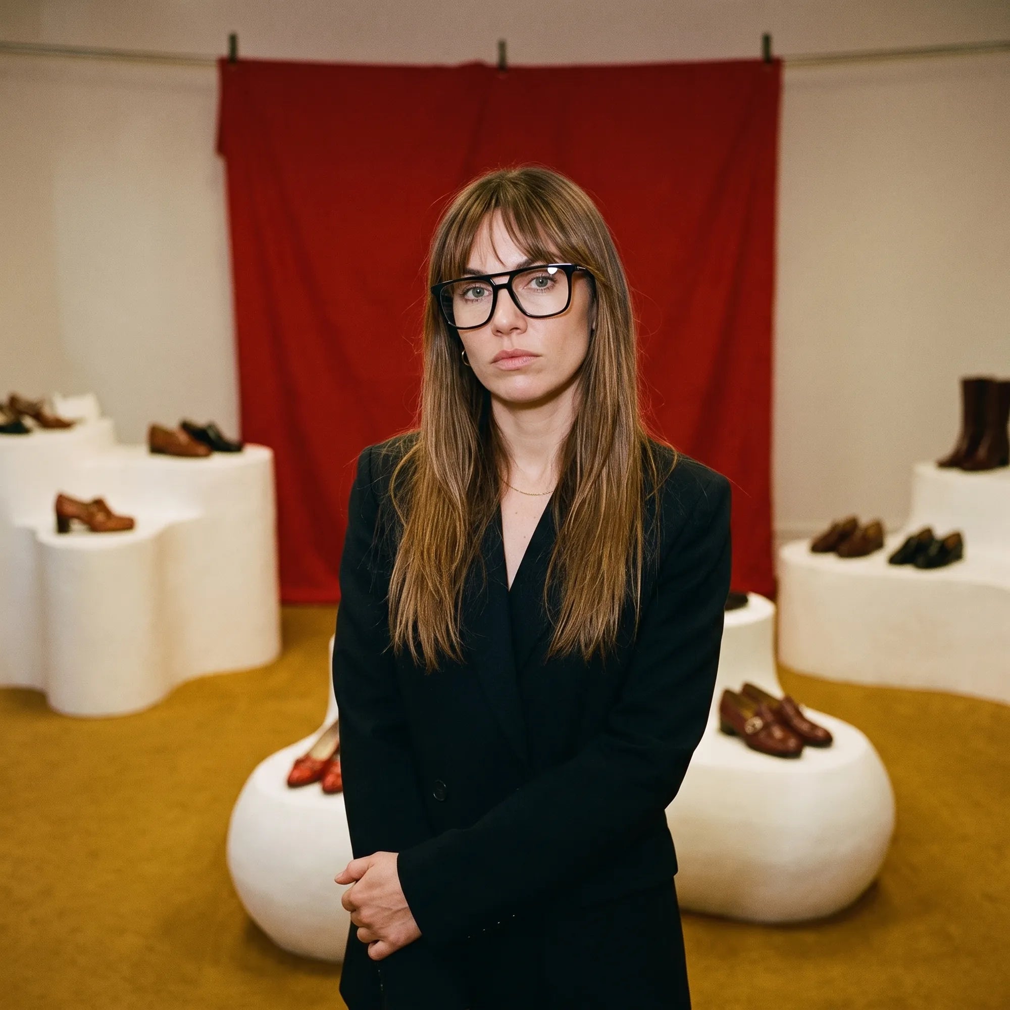 Fiore 10177 eyeglasses in black, worn by a model – campaign portrait, gallery scene with red curtain and plinths