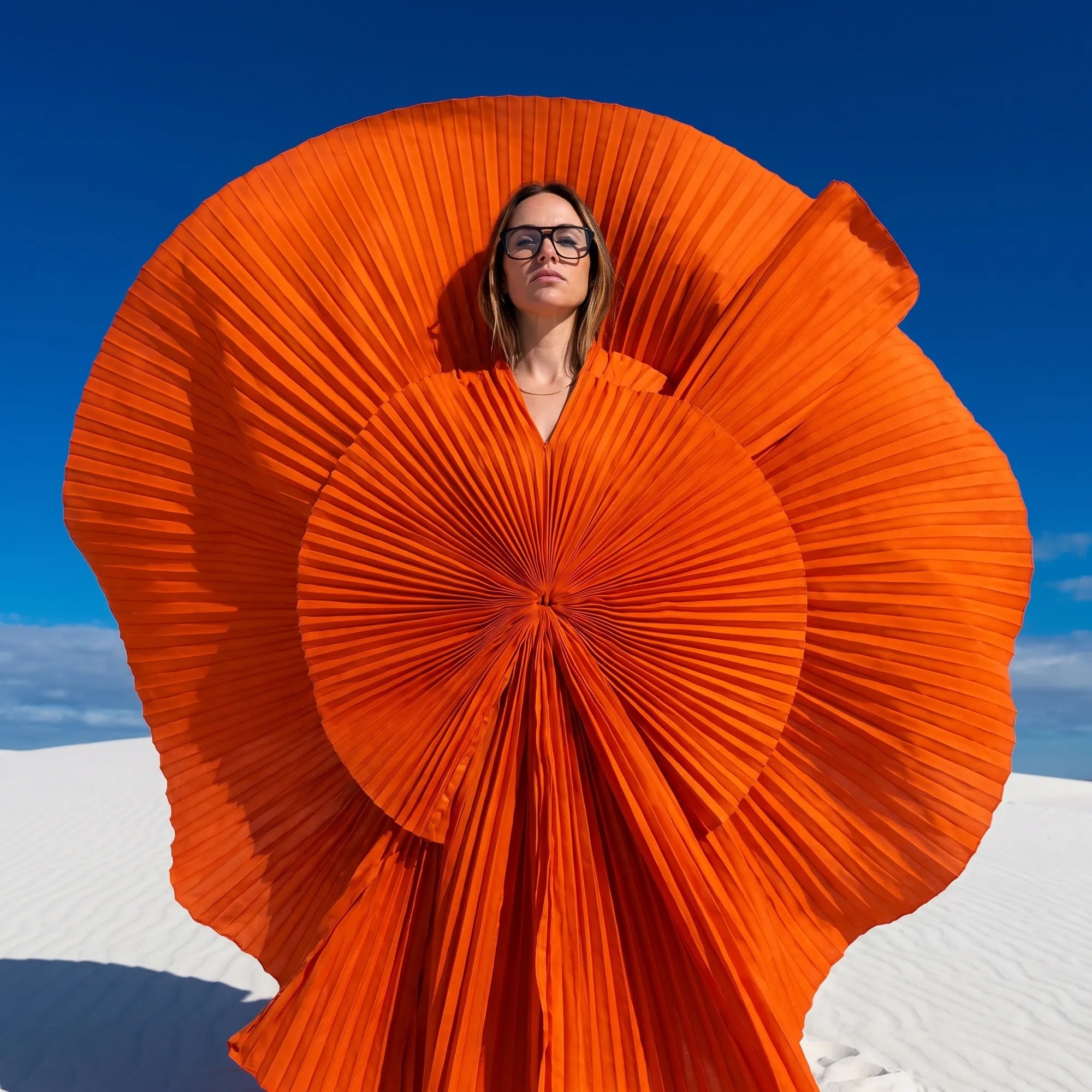 Fiore 10177 eyeglasses in grey, worn by a model – campaign portrait, sculptural orange pleated fan on white dunes