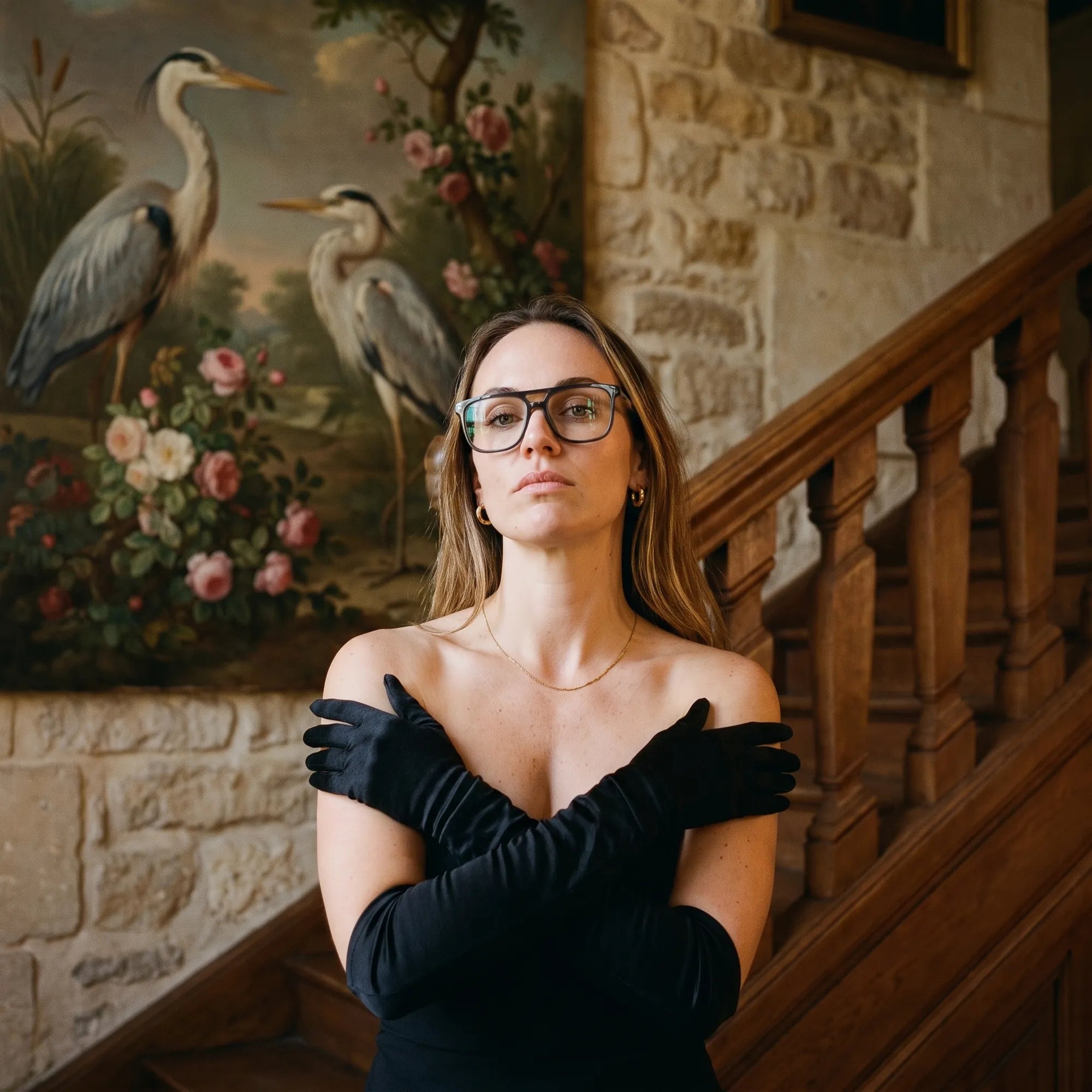 Fiore 10177 eyeglasses in grey, worn by a model – campaign portrait, manor interior, heron painting and opera gloves