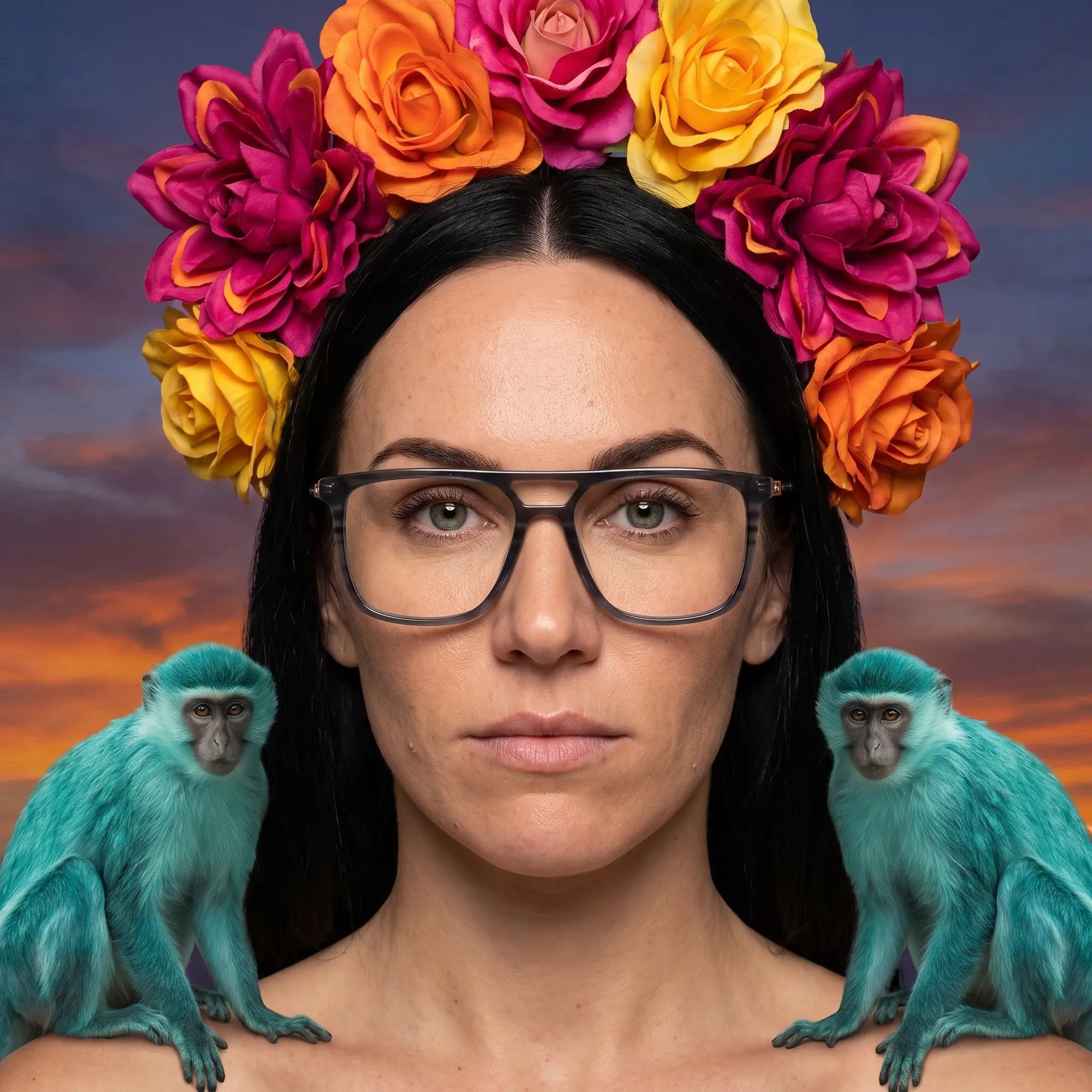 Fiore 10177 eyeglasses in grey, worn by a model – campaign portrait, surreal painted portrait with flower crown