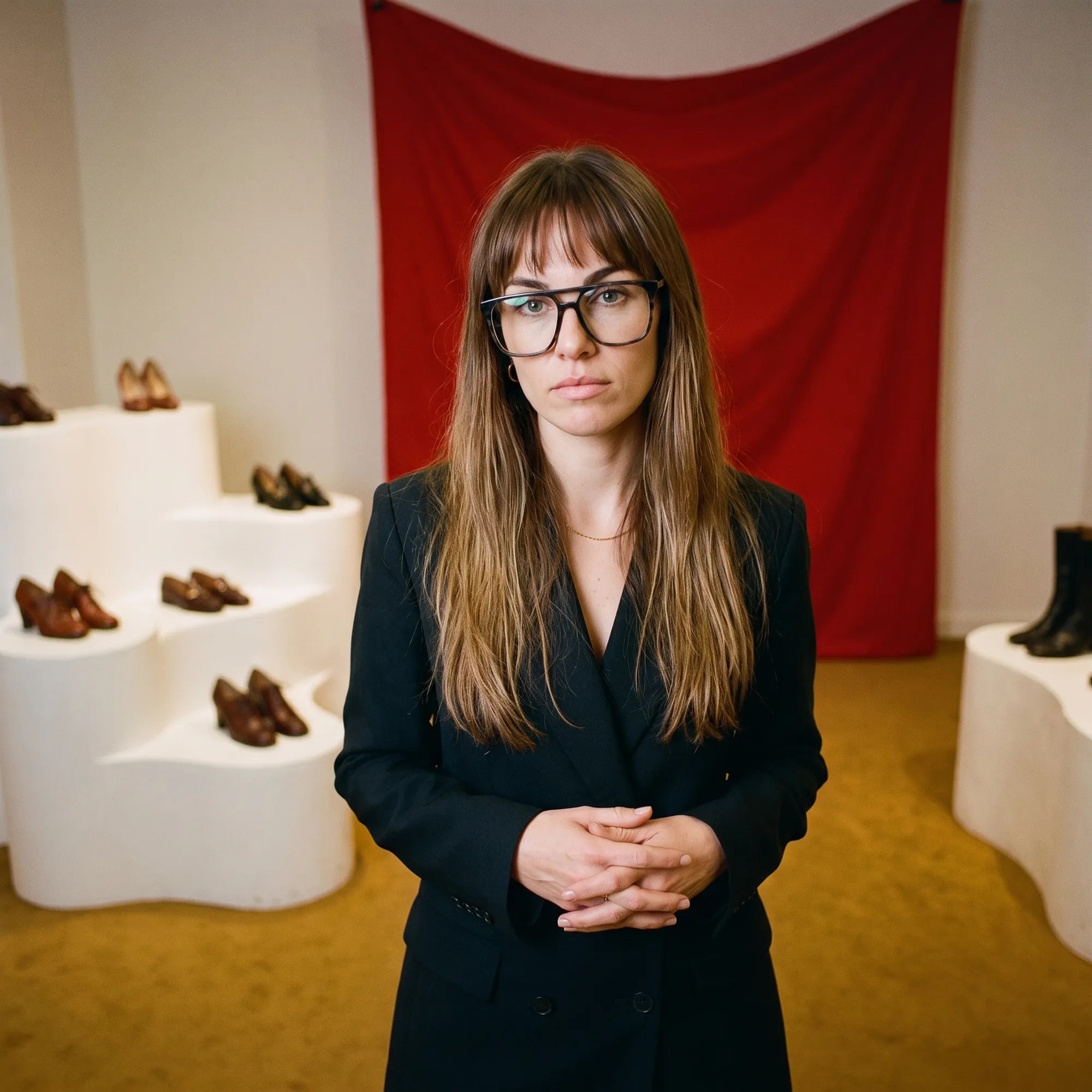Fiore 10177 eyeglasses in grey, worn by a model – campaign portrait, gallery scene with red curtain and plinths