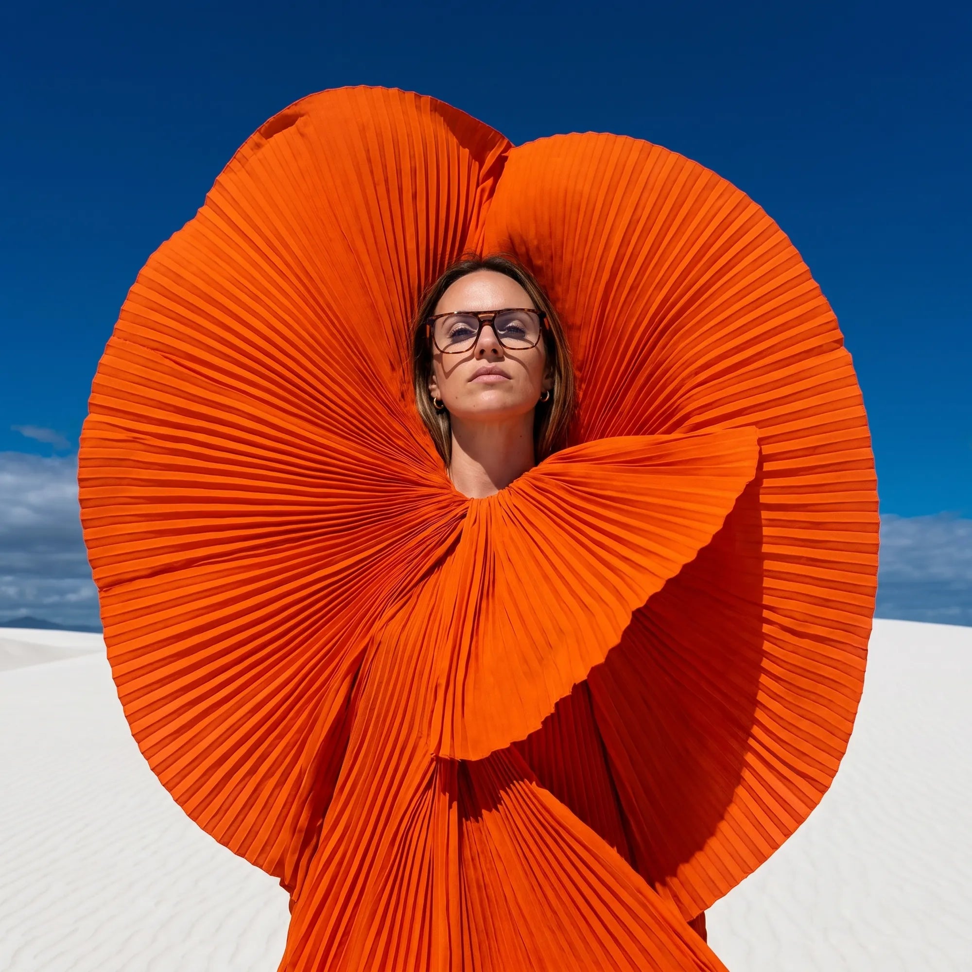 Fiore 10177 eyeglasses in tortoiseshell, worn by a model – campaign portrait, sculptural orange pleated fan on white dunes