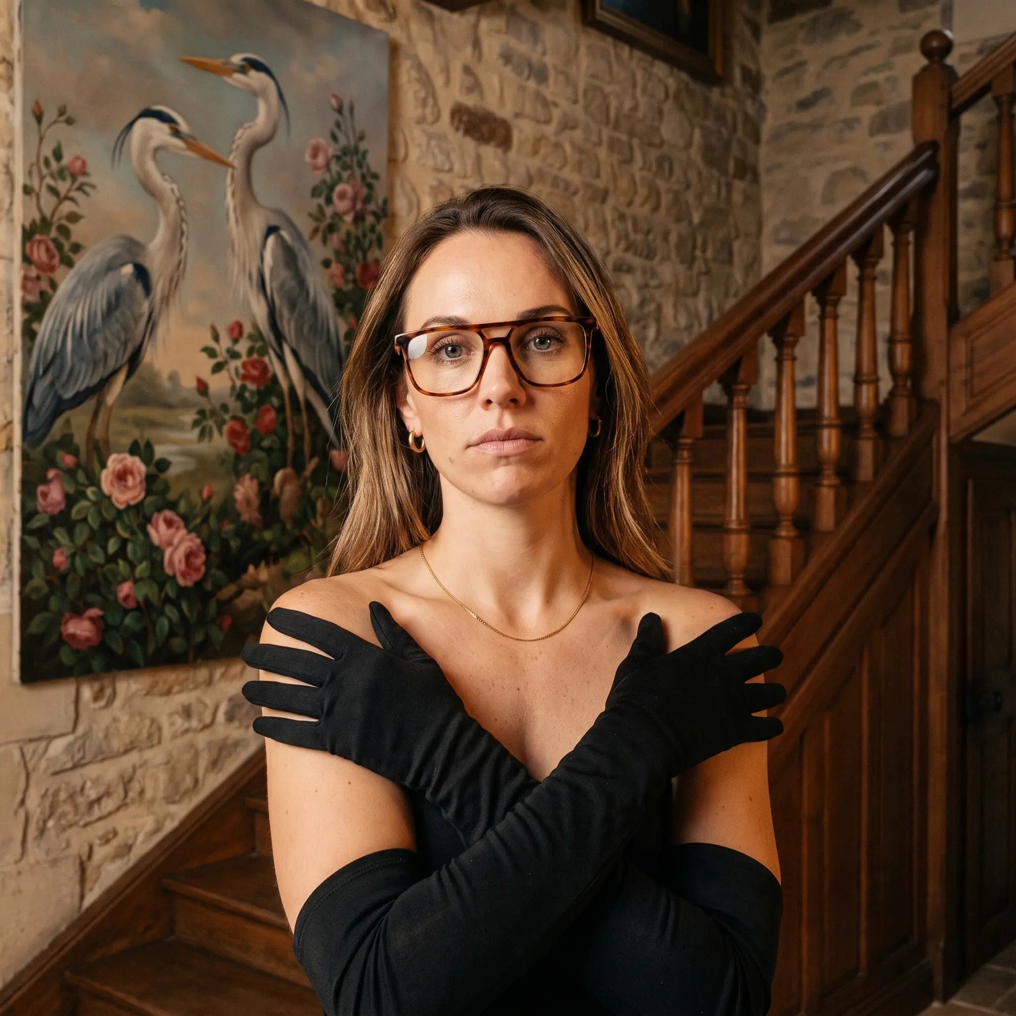 Fiore 10177 eyeglasses in tortoiseshell, worn by a model – campaign portrait, manor interior, heron painting and opera gloves
