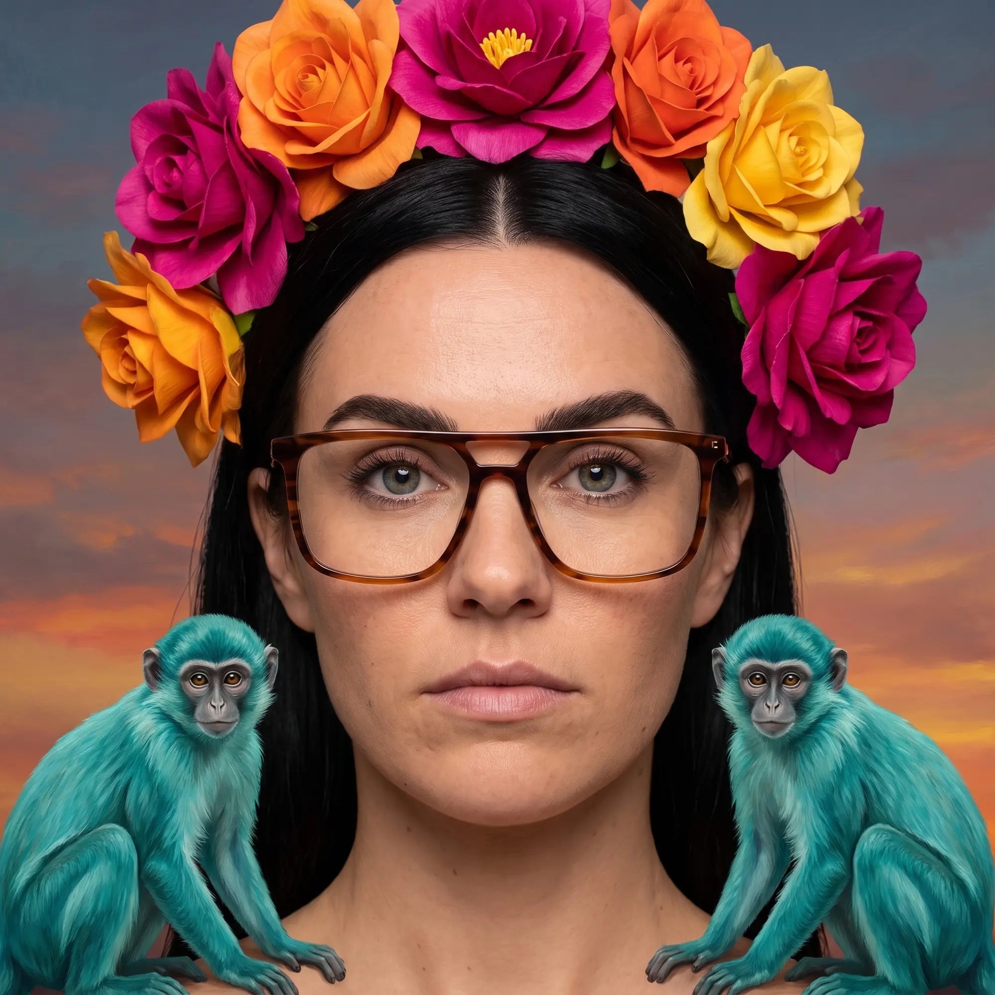 Fiore 10177 eyeglasses in tortoiseshell, worn by a model – campaign portrait, surreal painted portrait with flower crown