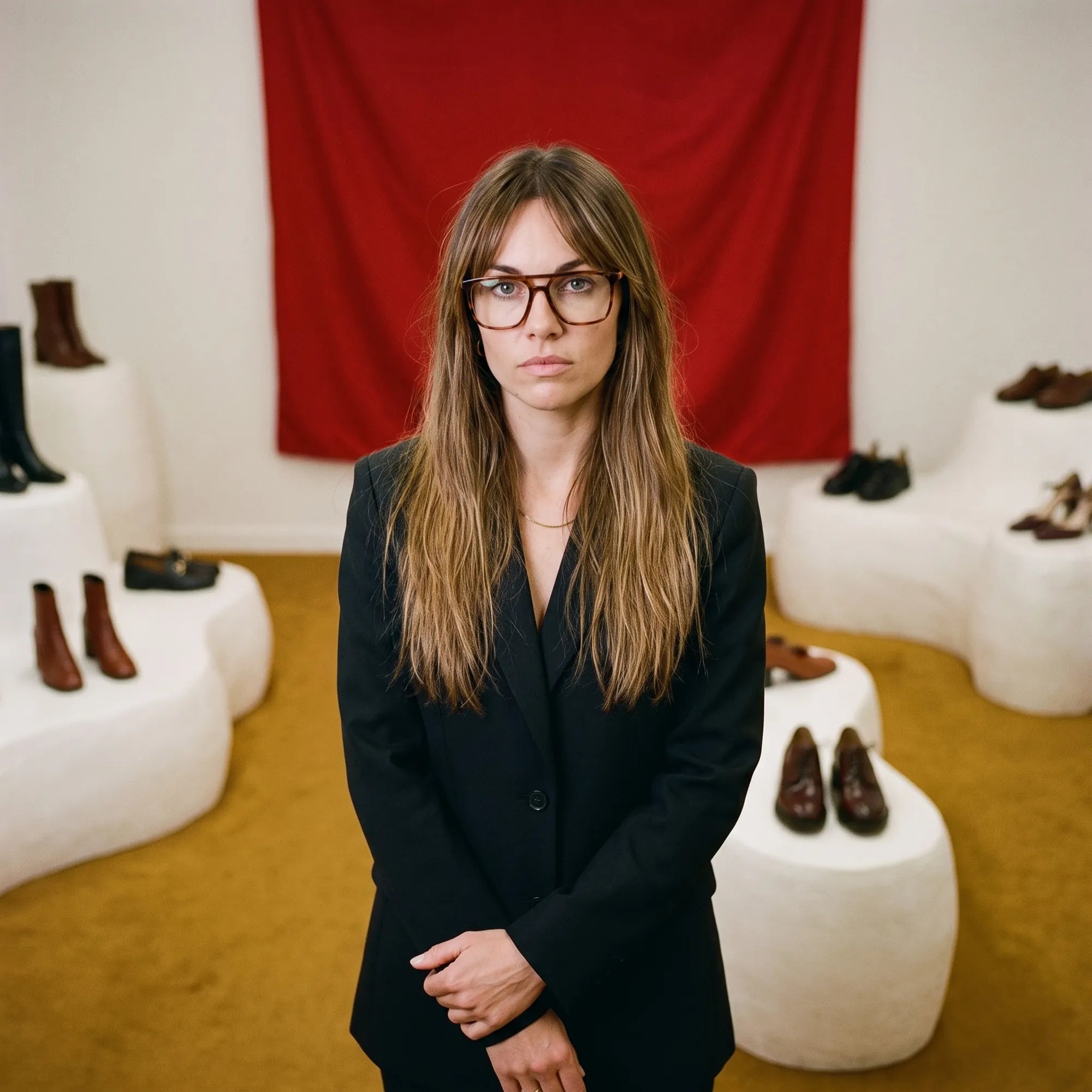 Fiore 10177 eyeglasses in tortoiseshell, worn by a model – campaign portrait, gallery scene with red curtain and plinths