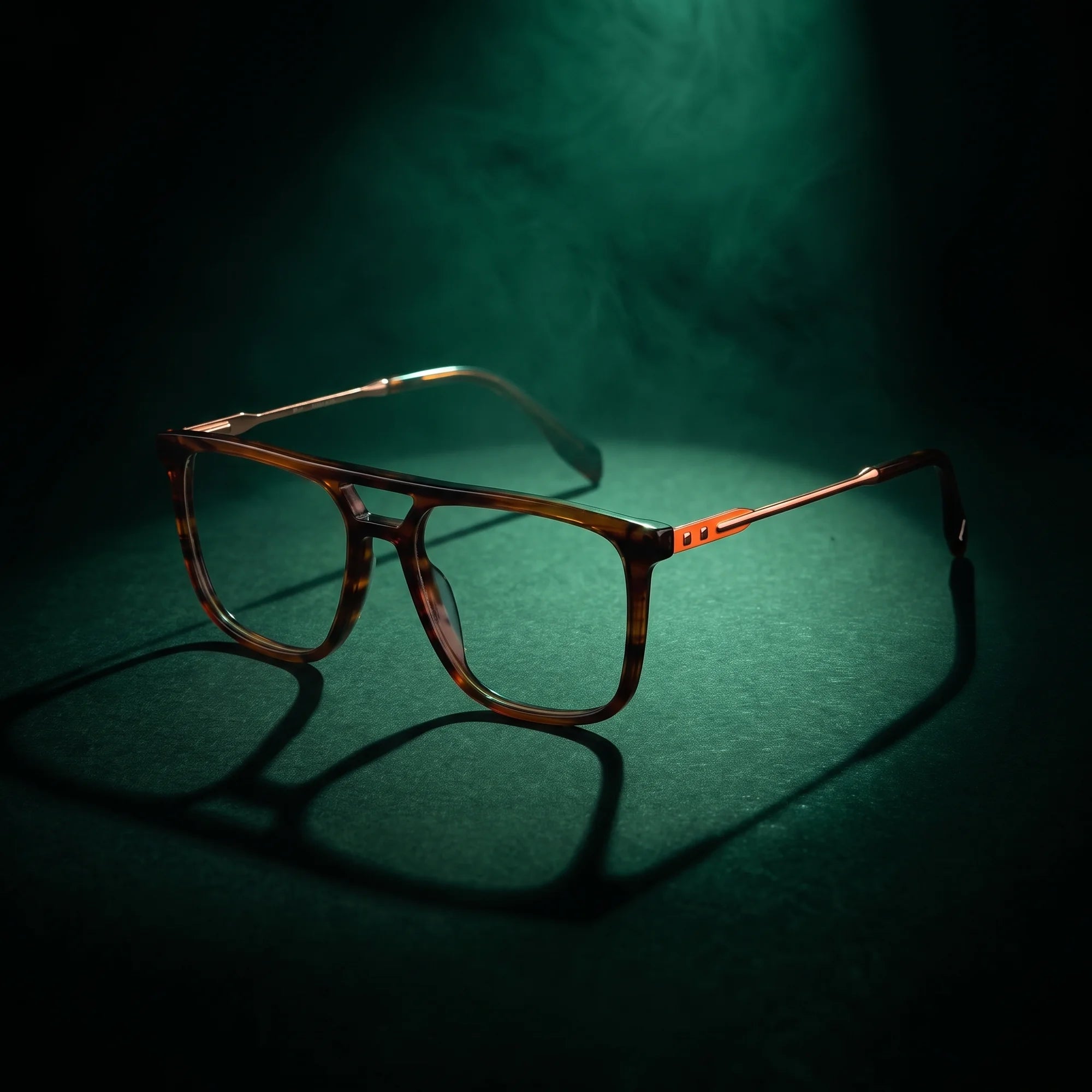 Fiore 10177 eyeglasses in tortoiseshell – under a theatrical beam of light
