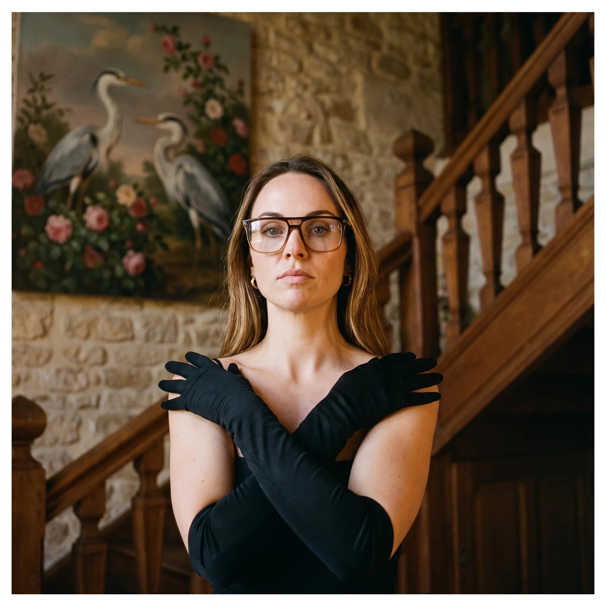 Fiore 10177 eyeglasses in brown, worn by a model – campaign portrait, manor interior, heron painting and opera gloves